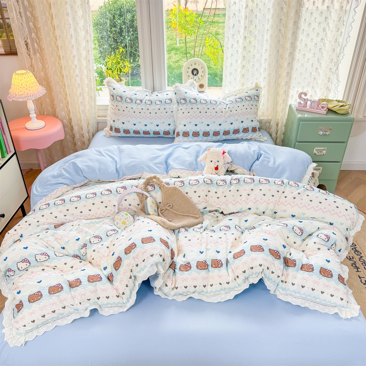 91家纺网 家纺一手货源 找家纺 优贝家纺 2026新款云感皱皱纱韩系花边四件套 繁星小猫