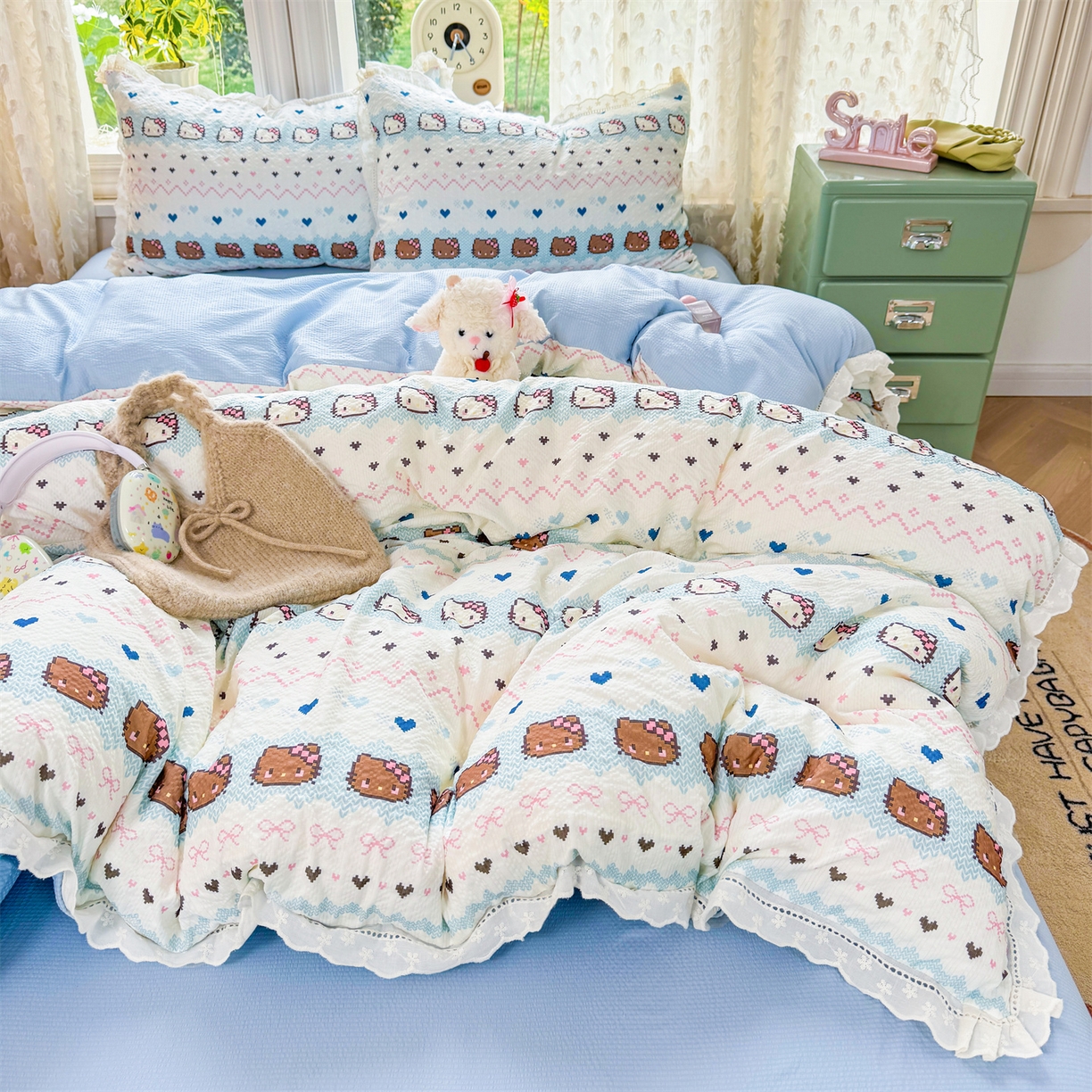 91家纺网 家纺一手货源 找家纺 优贝家纺 2026新款云感皱皱纱韩系花边四件套 繁星小猫