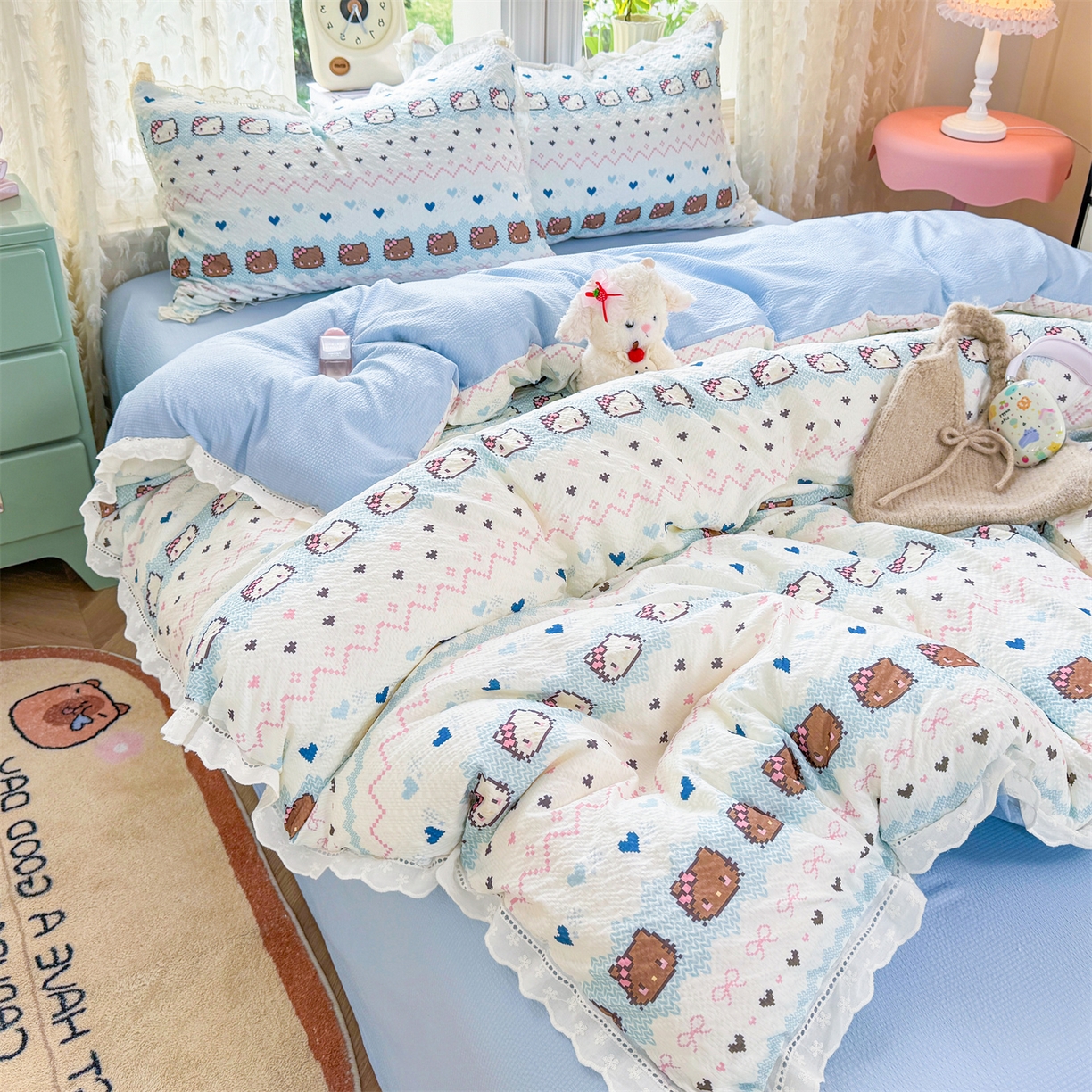 91家纺网 家纺一手货源 找家纺 优贝家纺 2026新款云感皱皱纱韩系花边四件套 繁星小猫