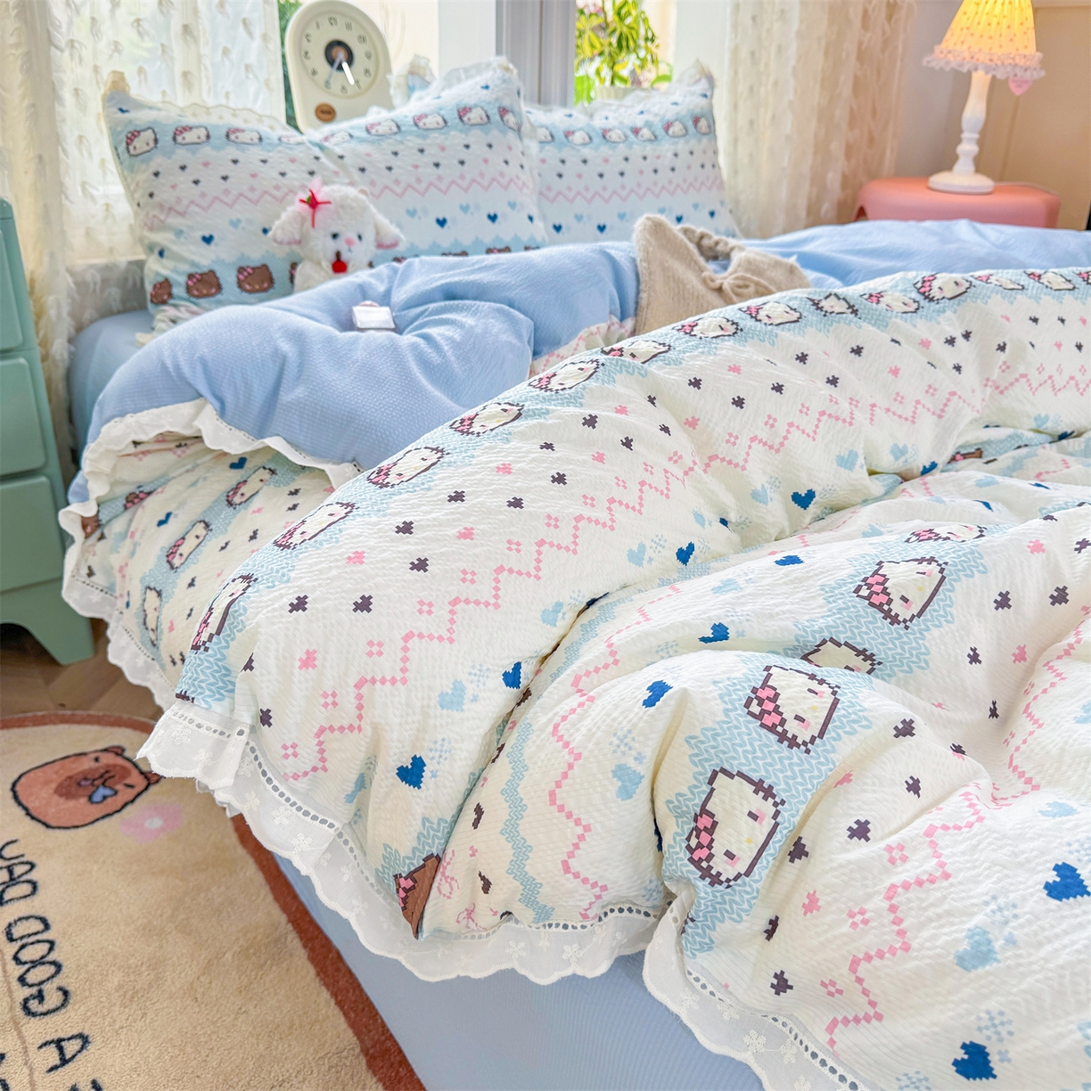 91家纺网 家纺一手货源 找家纺 优贝家纺 2026新款云感皱皱纱韩系花边四件套 繁星小猫