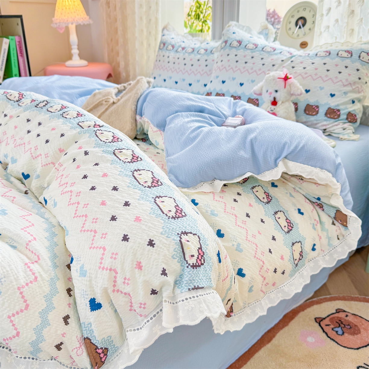 91家纺网 家纺一手货源 找家纺 优贝家纺 2026新款云感皱皱纱韩系花边四件套 繁星小猫