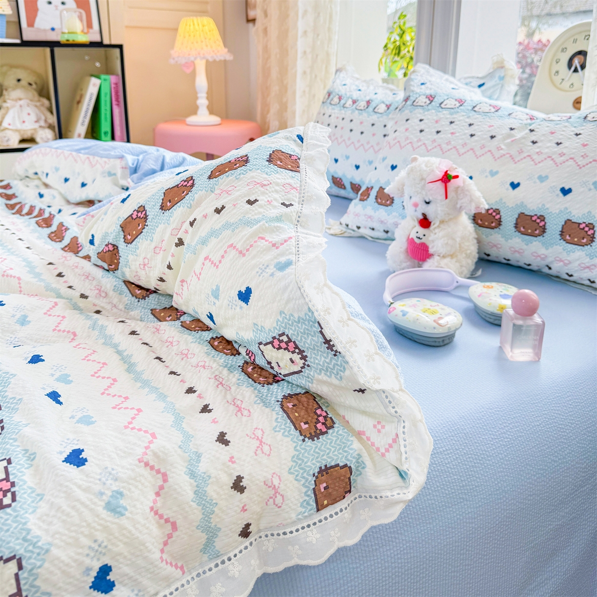 91家纺网 家纺一手货源 找家纺 优贝家纺 2026新款云感皱皱纱韩系花边四件套 繁星小猫