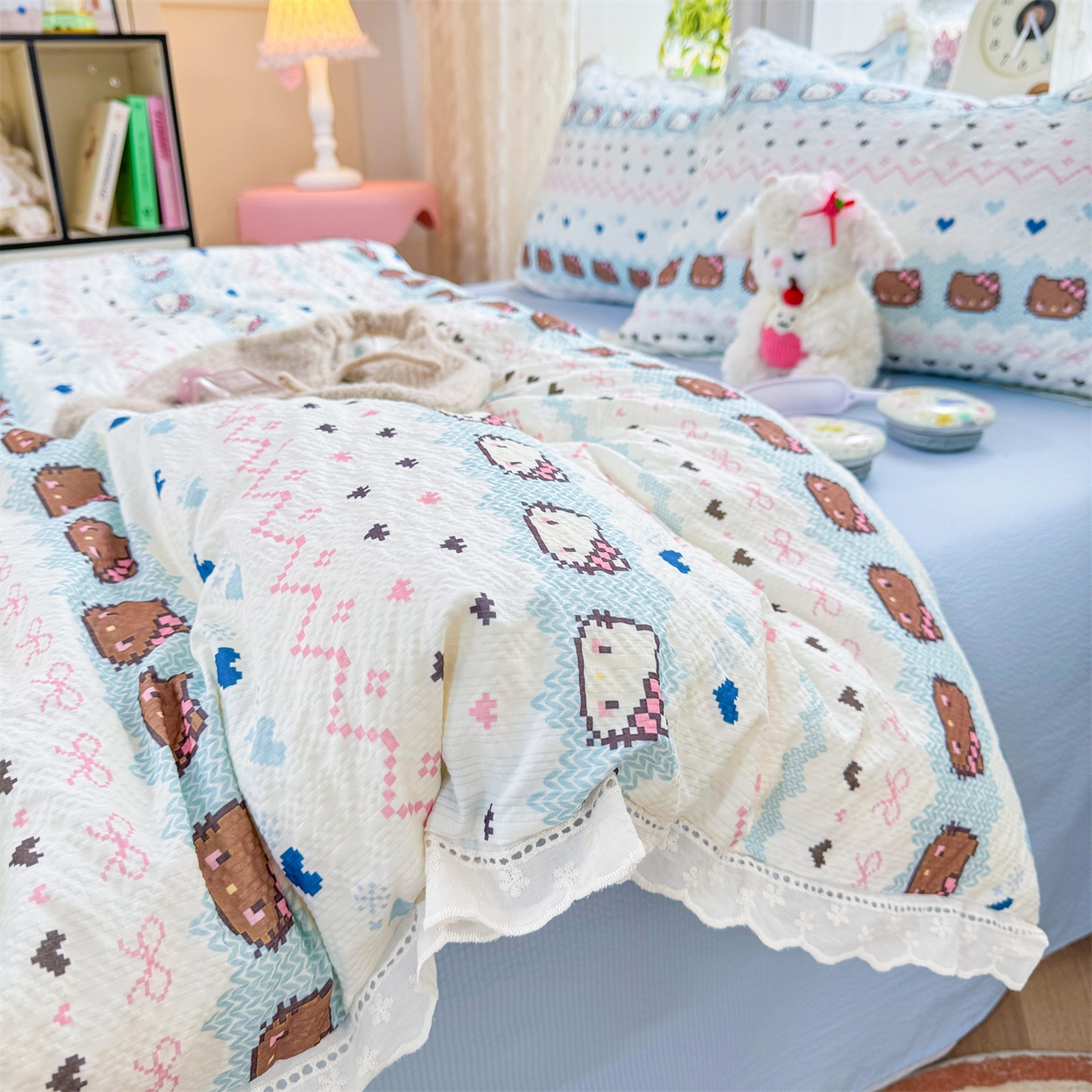 91家纺网 家纺一手货源 找家纺 优贝家纺 2026新款云感皱皱纱韩系花边四件套 繁星小猫