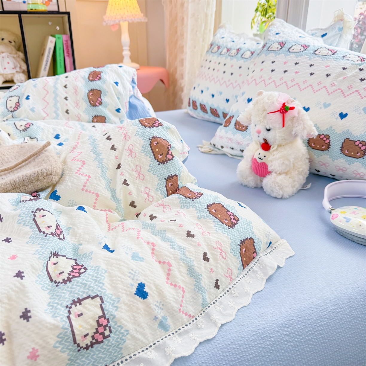 91家纺网 家纺一手货源 找家纺 优贝家纺 2026新款云感皱皱纱韩系花边四件套 繁星小猫