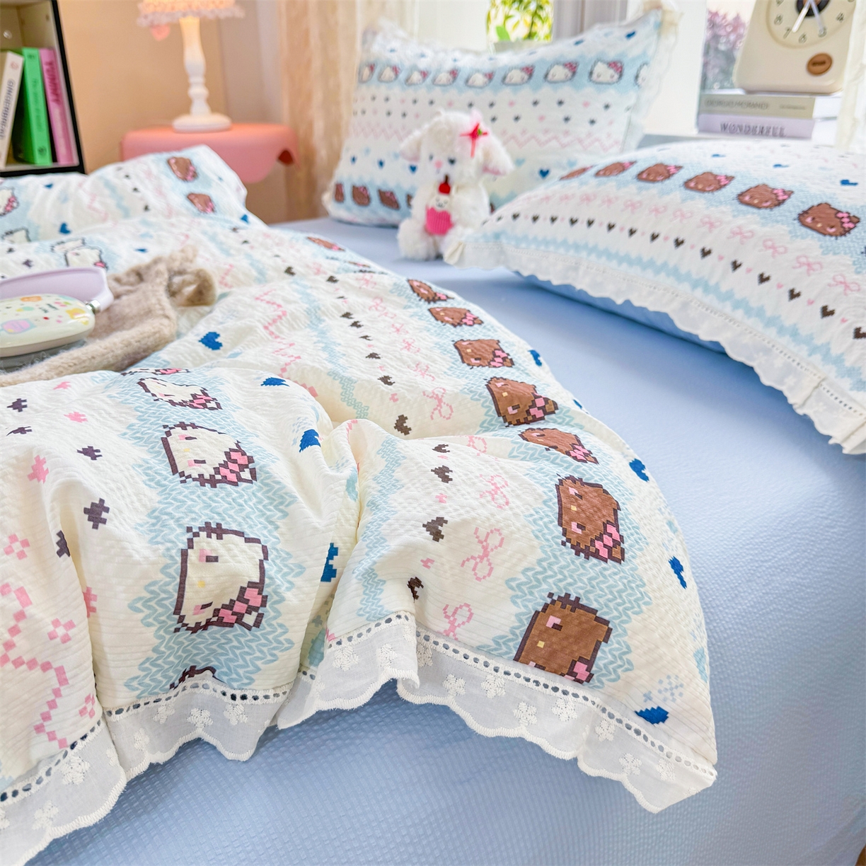 91家纺网 家纺一手货源 找家纺 优贝家纺 2026新款云感皱皱纱韩系花边四件套 繁星小猫