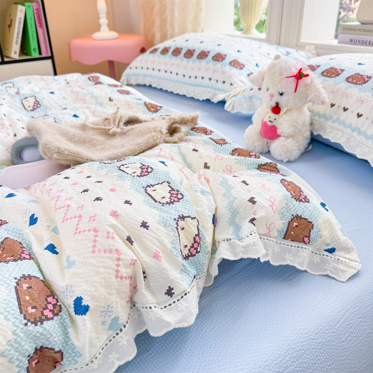 91家纺网 家纺一手货源 找家纺 优贝家纺 2026新款云感皱皱纱韩系花边四件套 繁星小猫