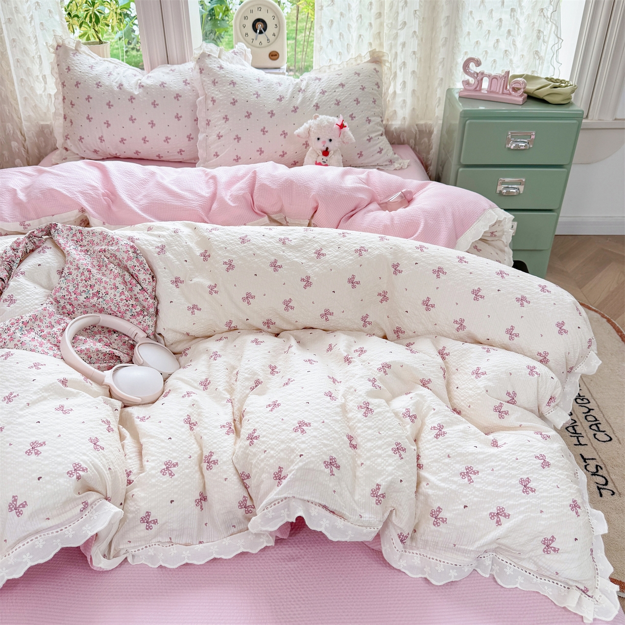 91家纺网 家纺一手货源 找家纺 优贝家纺 2026新款云感皱皱纱韩系花边四件套 蝴蝶梦