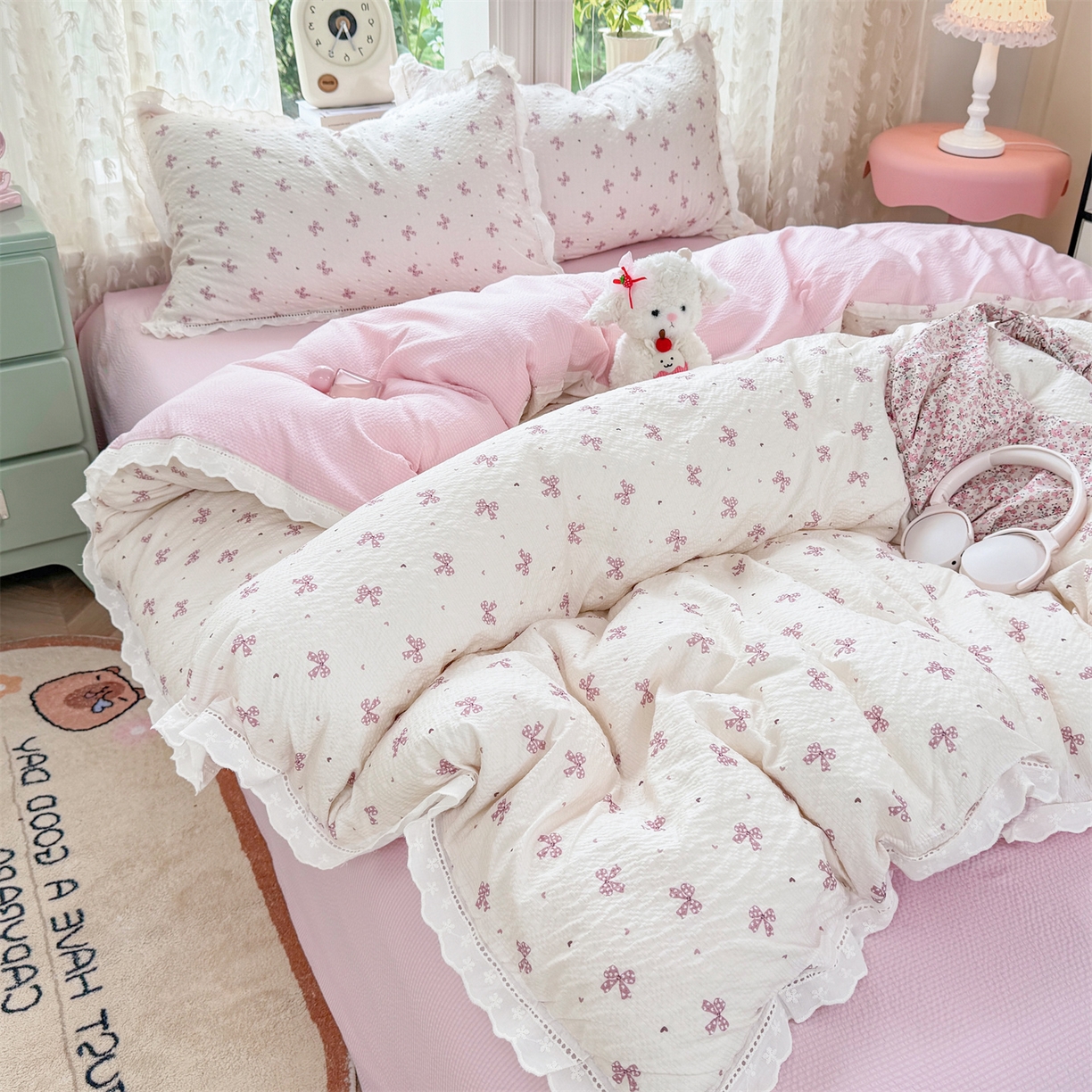 91家纺网 家纺一手货源 找家纺 优贝家纺 2026新款云感皱皱纱韩系花边四件套 蝴蝶梦