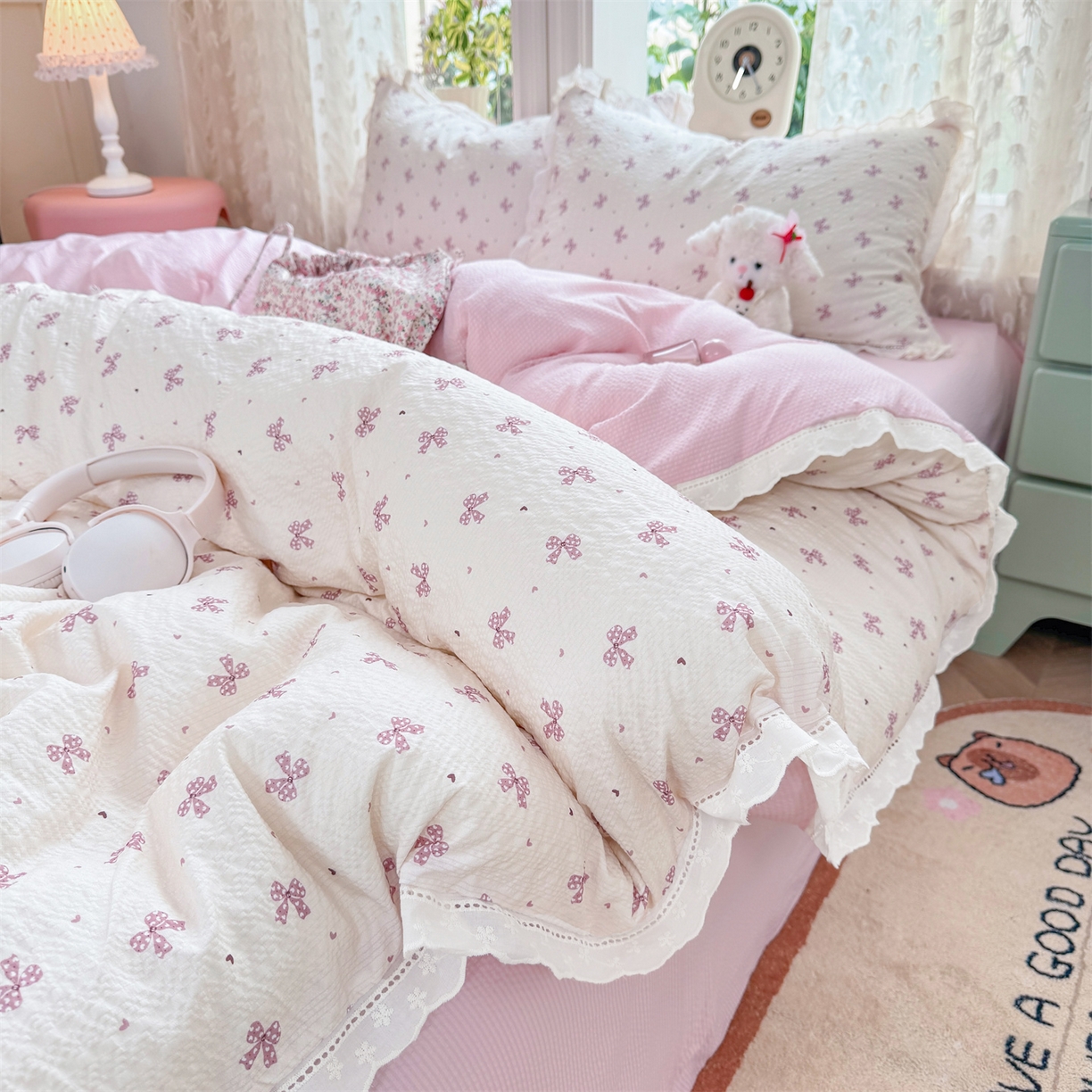 91家纺网 家纺一手货源 找家纺 优贝家纺 2026新款云感皱皱纱韩系花边四件套 蝴蝶梦