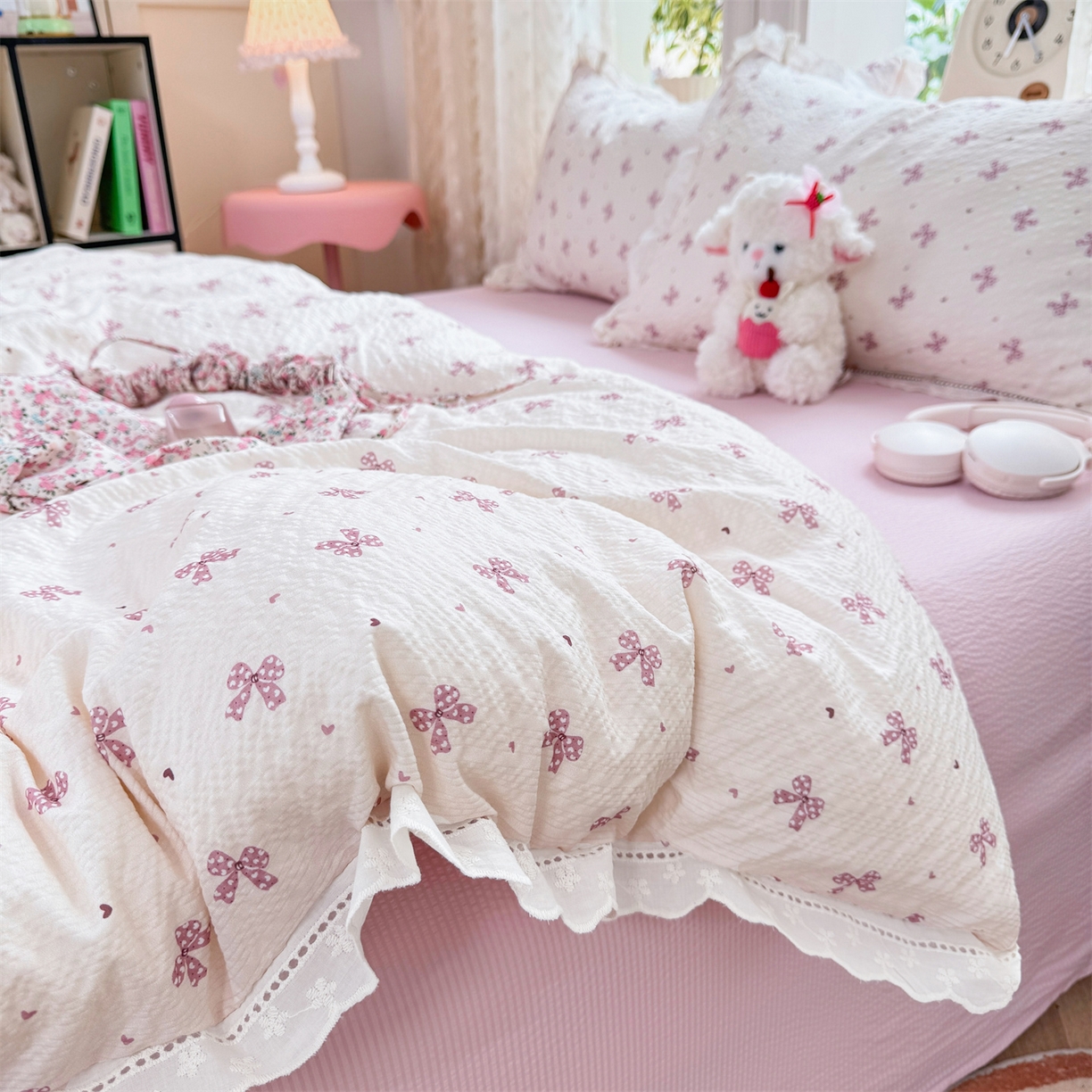 91家纺网 家纺一手货源 找家纺 优贝家纺 2026新款云感皱皱纱韩系花边四件套 蝴蝶梦