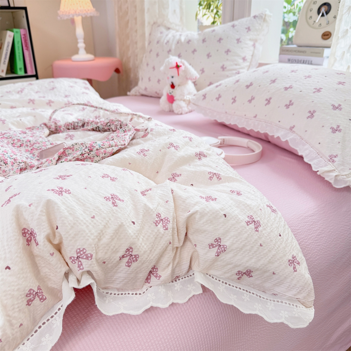 91家纺网 家纺一手货源 找家纺 优贝家纺 2026新款云感皱皱纱韩系花边四件套 蝴蝶梦