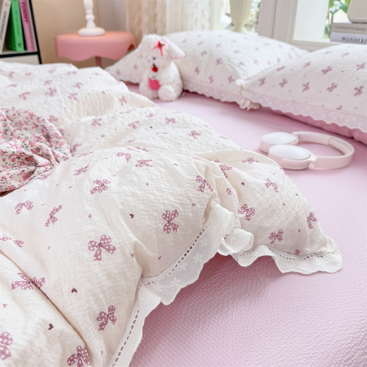 91家纺网 家纺一手货源 找家纺 优贝家纺 2026新款云感皱皱纱韩系花边四件套 蝴蝶梦