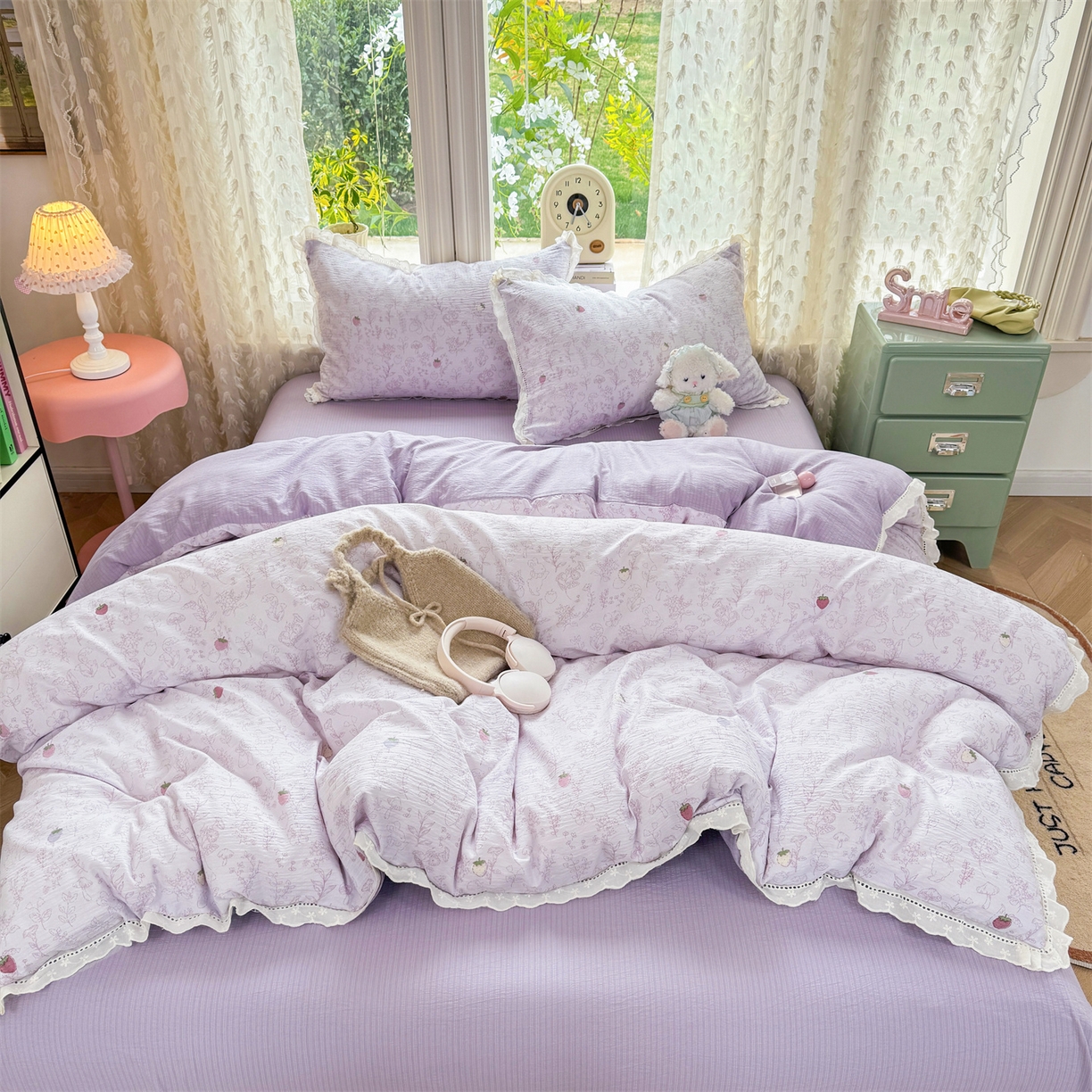 91家纺网 家纺一手货源 找家纺 优贝家纺 2026新款云感皱皱纱韩系花边四件套 花有花期