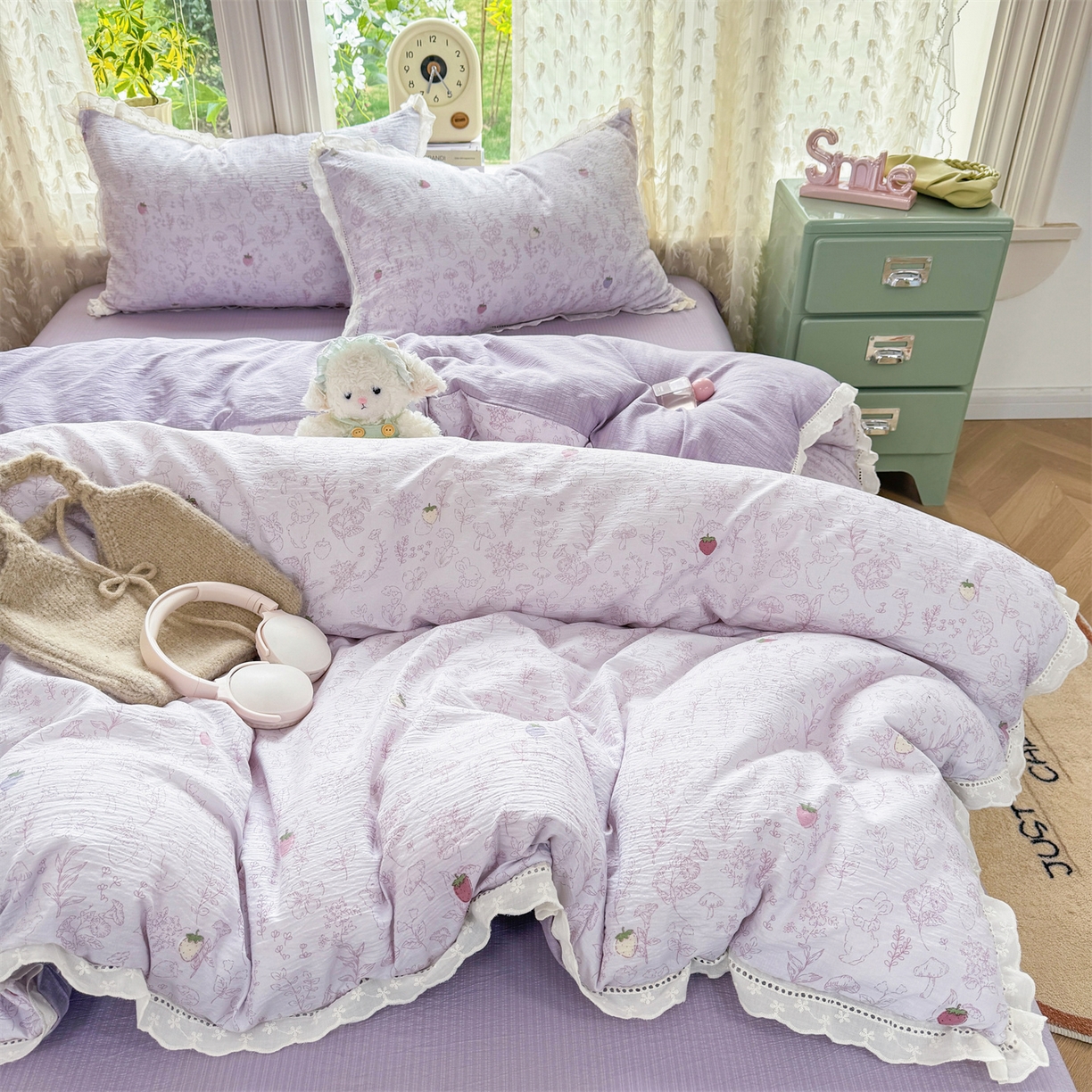 91家纺网 家纺一手货源 找家纺 优贝家纺 2026新款云感皱皱纱韩系花边四件套 花有花期