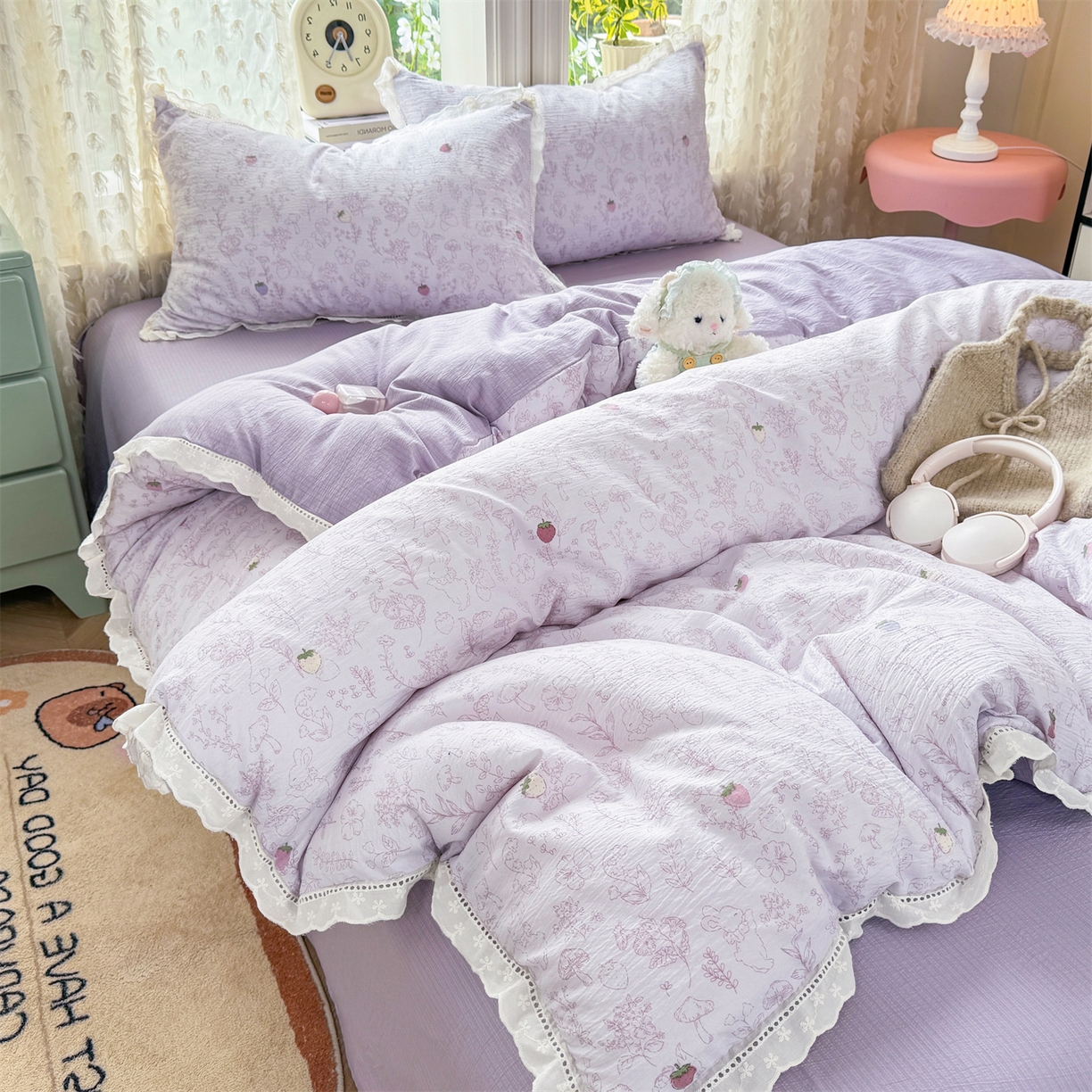 91家纺网 家纺一手货源 找家纺 优贝家纺 2026新款云感皱皱纱韩系花边四件套 花有花期