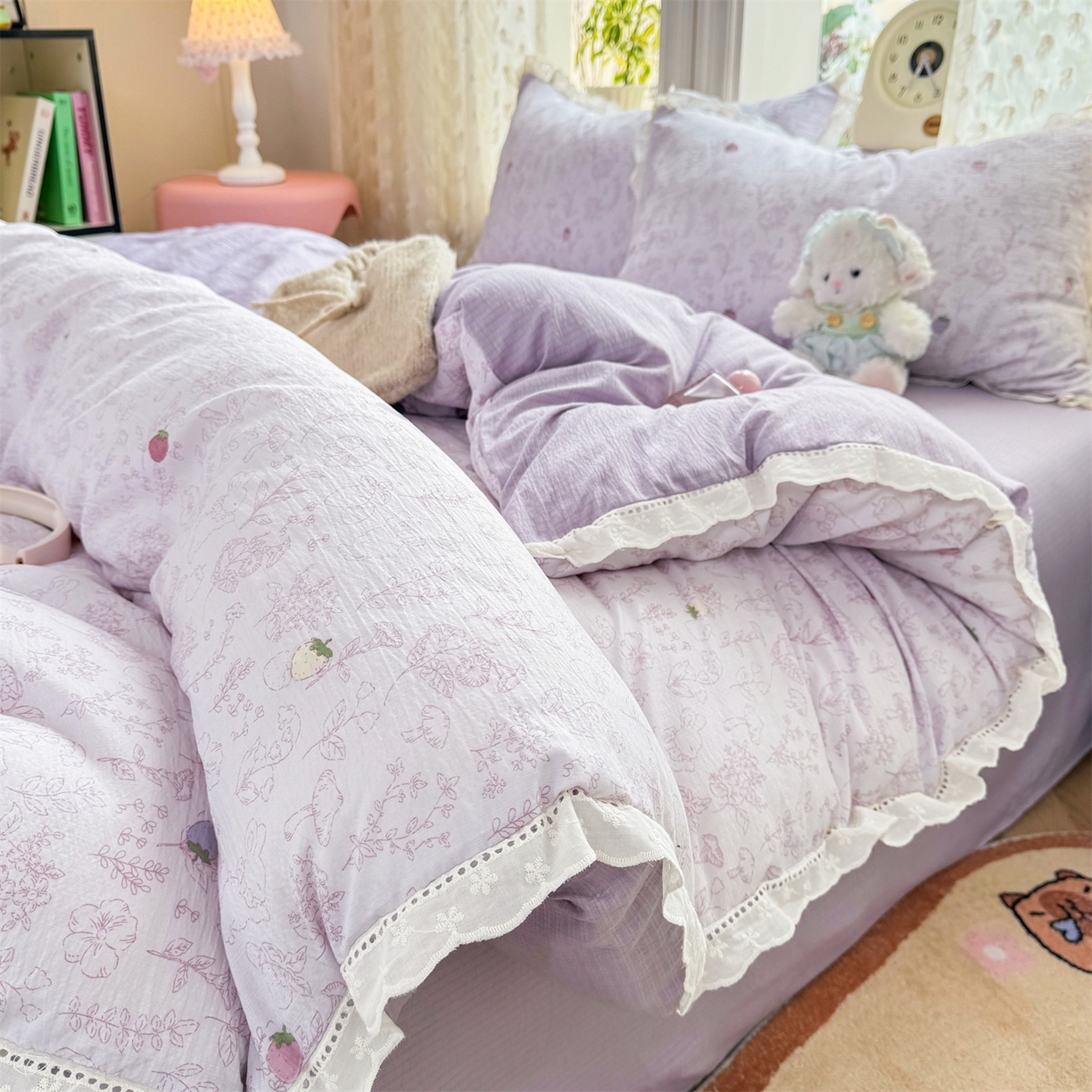 91家纺网 家纺一手货源 找家纺 优贝家纺 2026新款云感皱皱纱韩系花边四件套 花有花期