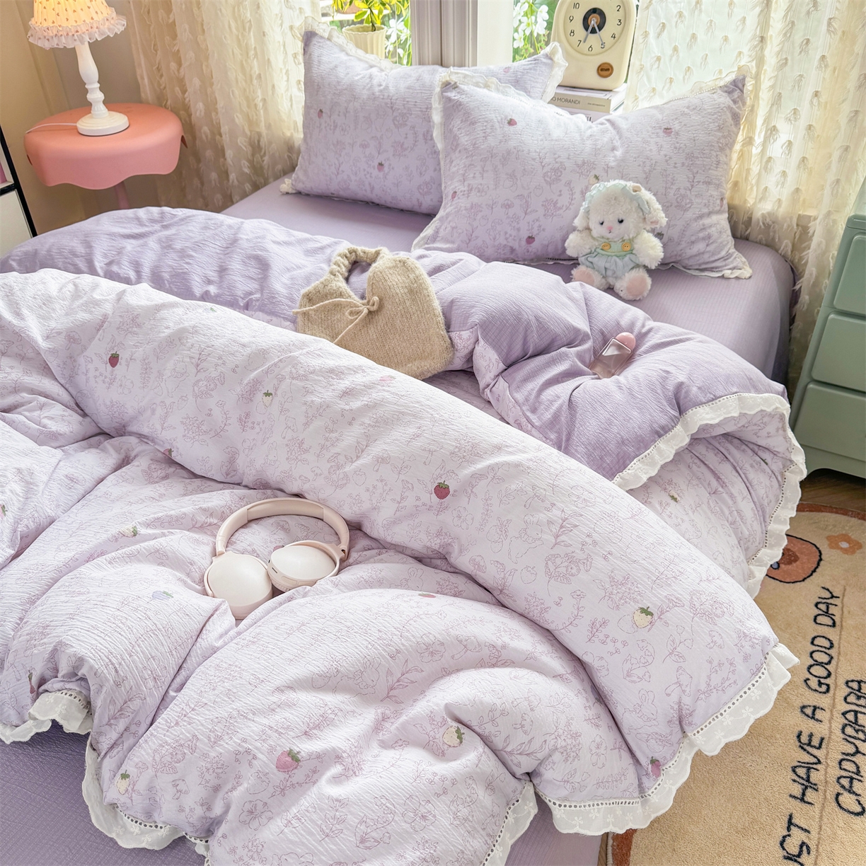 91家纺网 家纺一手货源 找家纺 优贝家纺 2026新款云感皱皱纱韩系花边四件套 花有花期