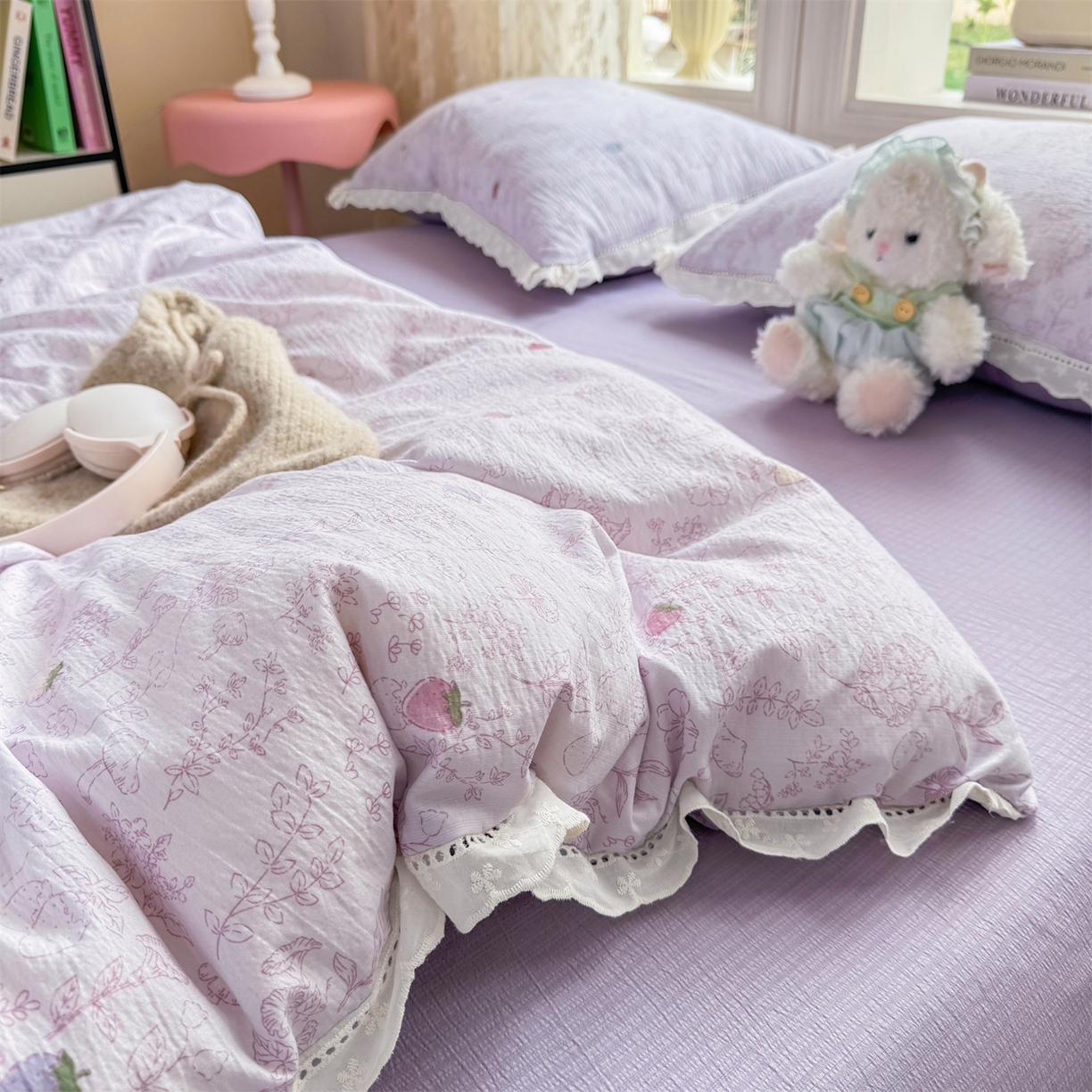 91家纺网 家纺一手货源 找家纺 优贝家纺 2026新款云感皱皱纱韩系花边四件套 花有花期