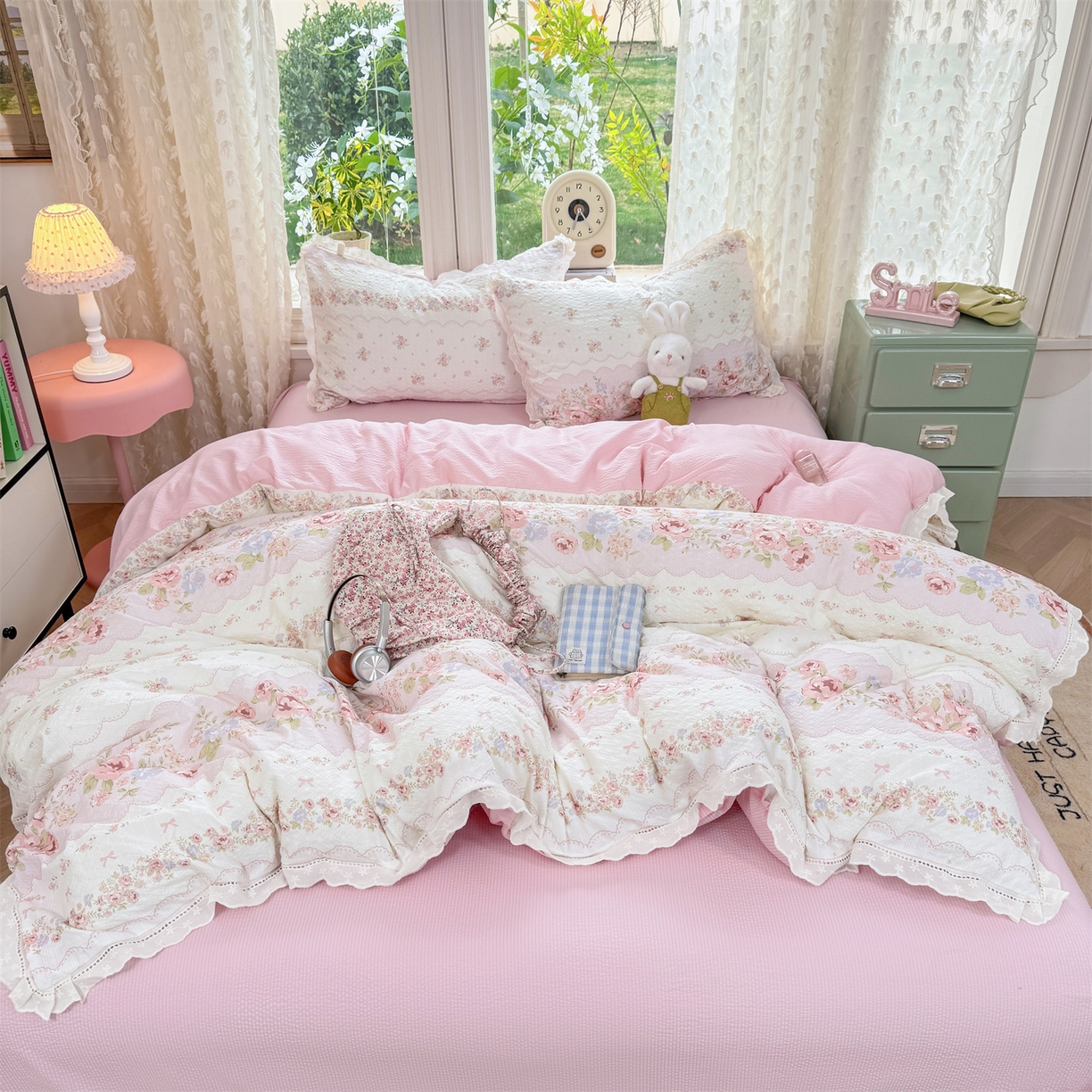 91家纺网 家纺一手货源 找家纺 优贝家纺 2026新款云感皱皱纱韩系花边四件套 蕾丝花匣