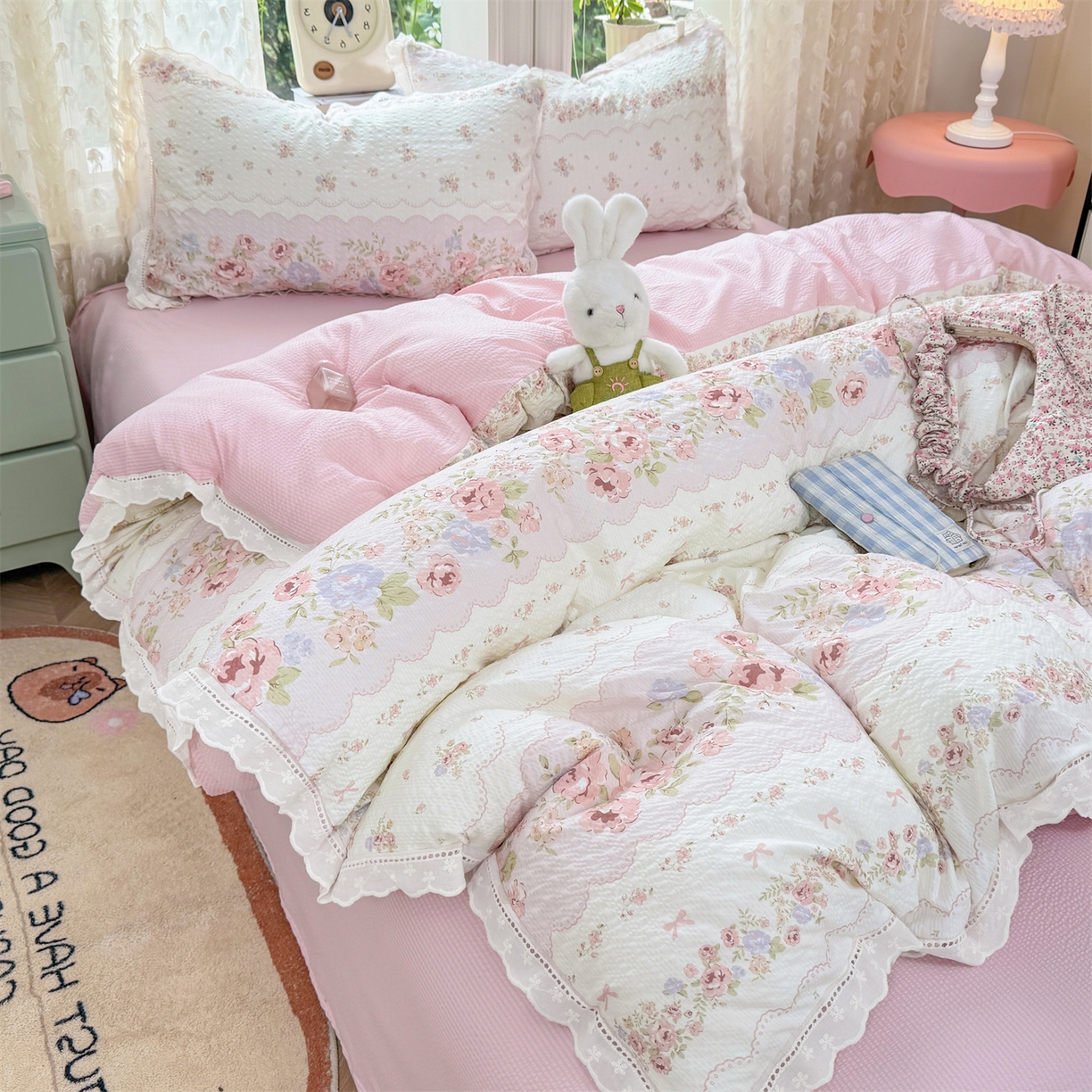 91家纺网 家纺一手货源 找家纺 优贝家纺 2026新款云感皱皱纱韩系花边四件套 蕾丝花匣