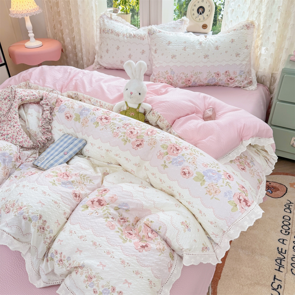 91家纺网 家纺一手货源 找家纺 优贝家纺 2026新款云感皱皱纱韩系花边四件套 蕾丝花匣