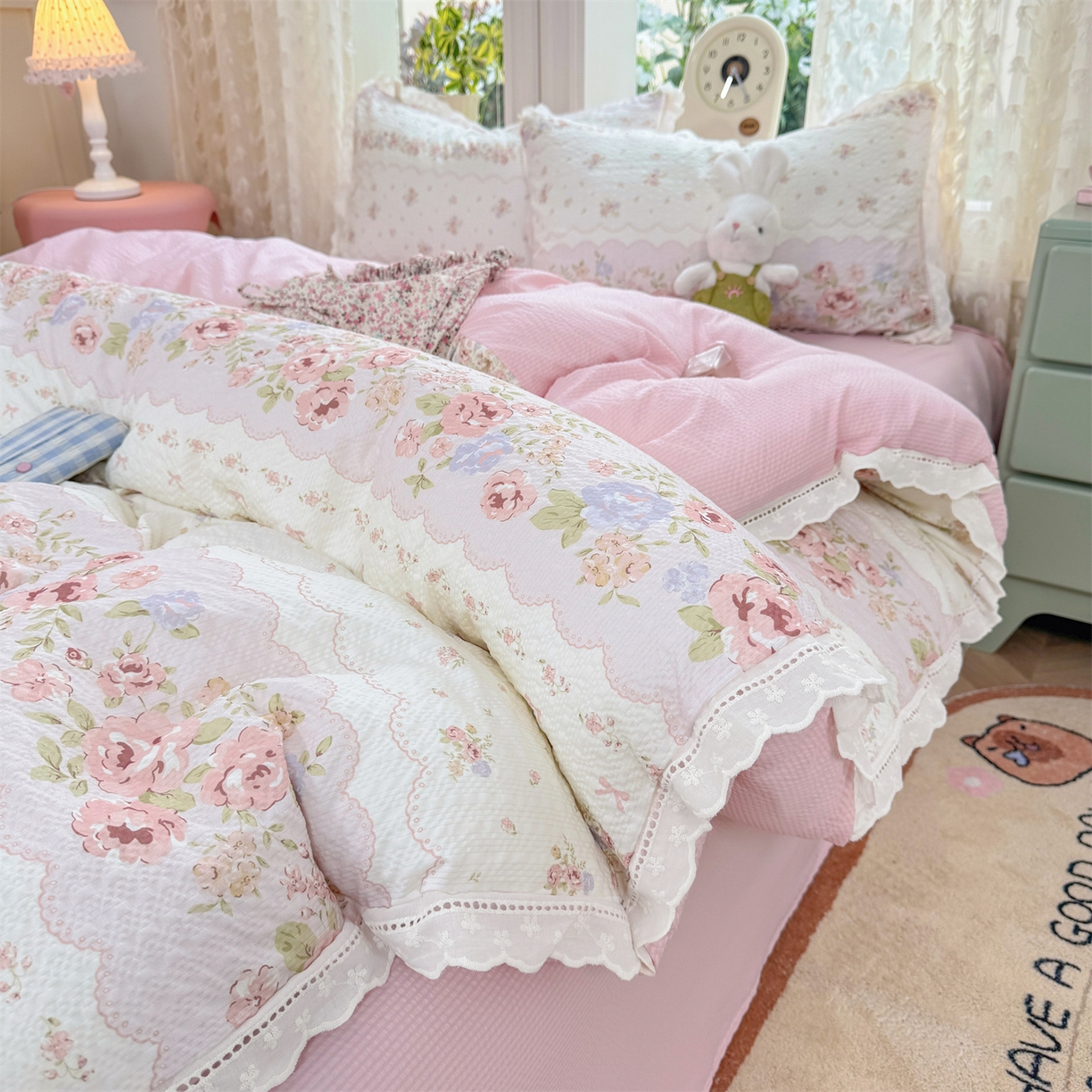 91家纺网 家纺一手货源 找家纺 优贝家纺 2026新款云感皱皱纱韩系花边四件套 蕾丝花匣