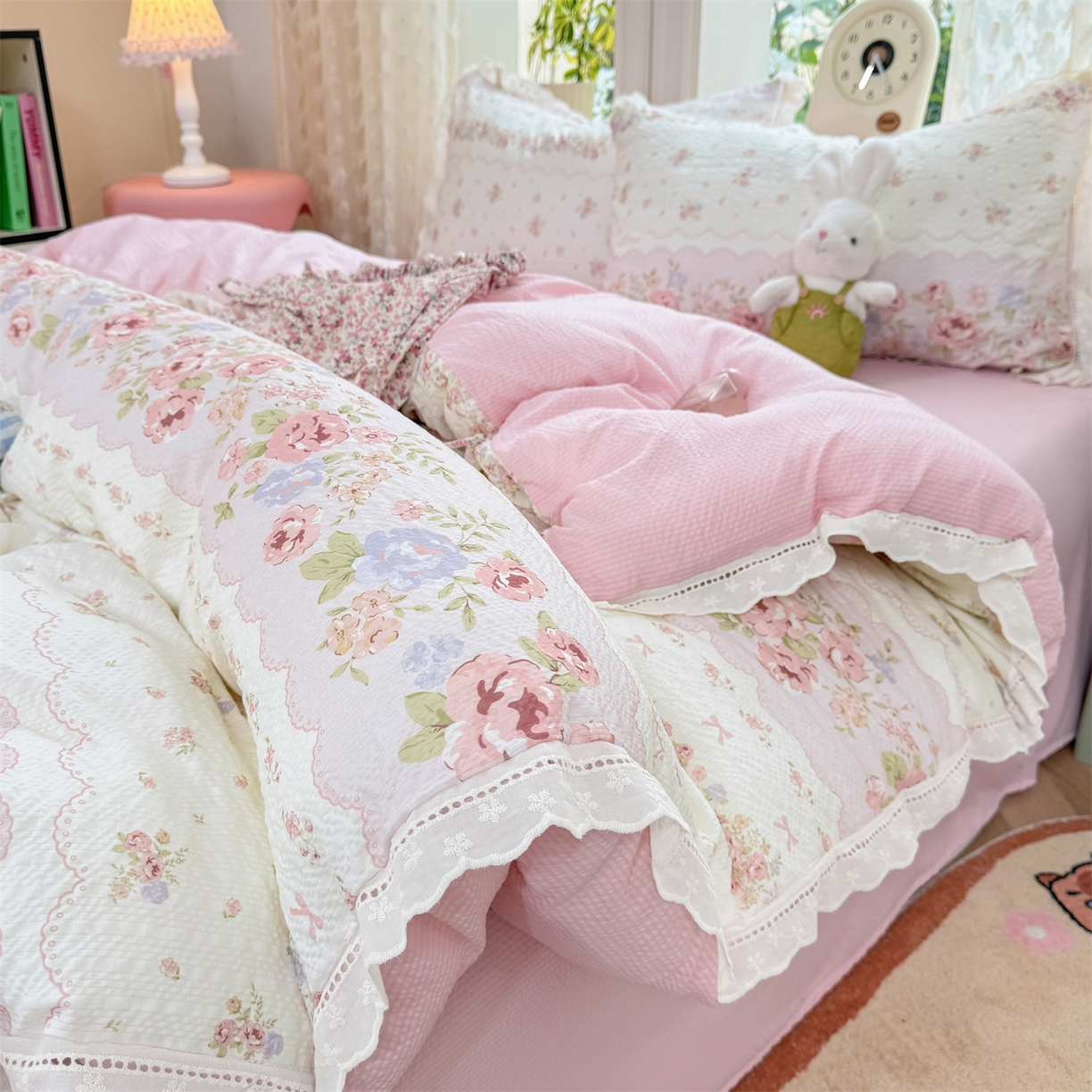 91家纺网 家纺一手货源 找家纺 优贝家纺 2026新款云感皱皱纱韩系花边四件套 蕾丝花匣