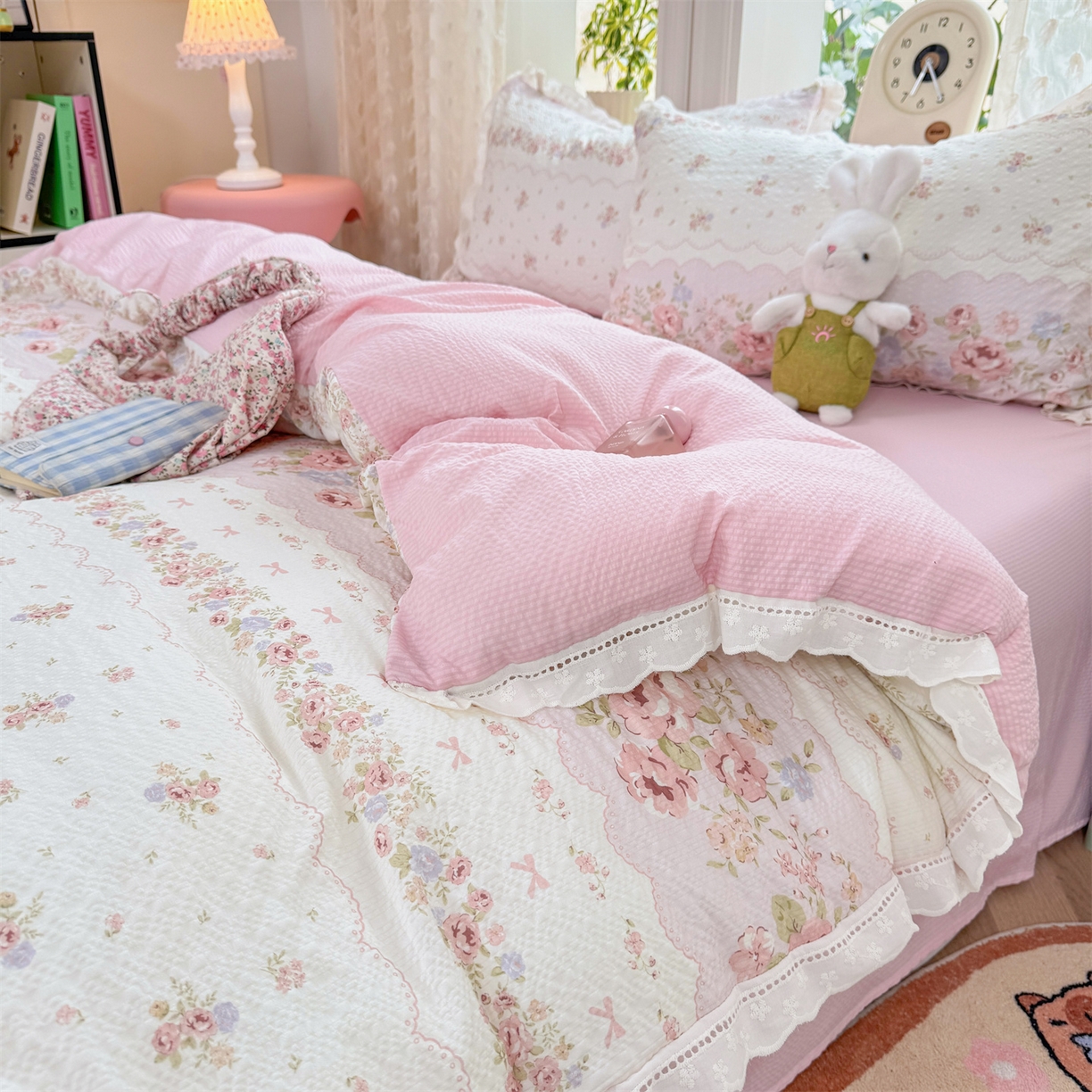 91家纺网 家纺一手货源 找家纺 优贝家纺 2026新款云感皱皱纱韩系花边四件套 蕾丝花匣