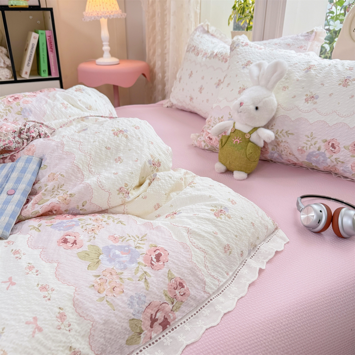 91家纺网 家纺一手货源 找家纺 优贝家纺 2026新款云感皱皱纱韩系花边四件套 蕾丝花匣