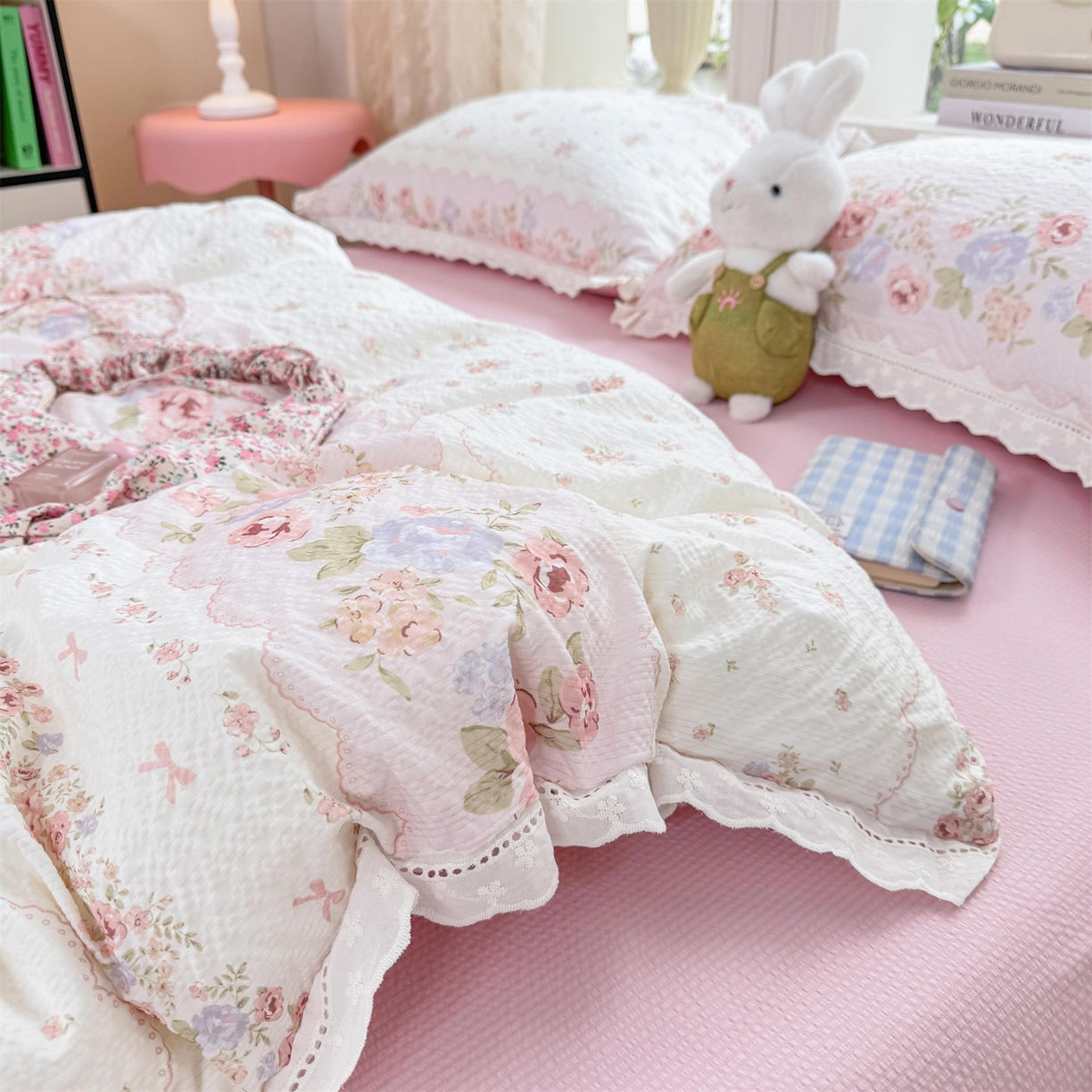 91家纺网 家纺一手货源 找家纺 优贝家纺 2026新款云感皱皱纱韩系花边四件套 蕾丝花匣