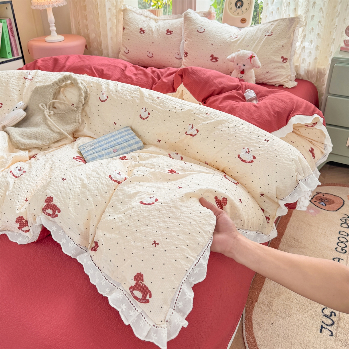 优贝家纺 2026新款云感皱皱纱韩系花边四件套 马上有钱