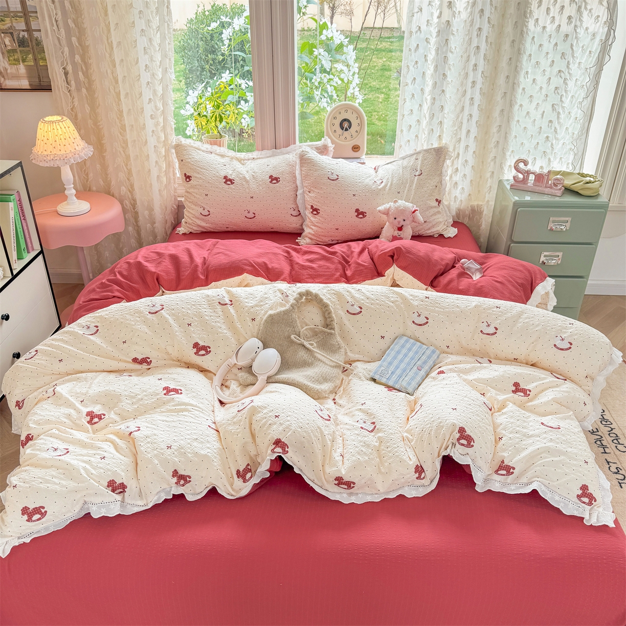 91家纺网 家纺一手货源 找家纺 优贝家纺 2026新款云感皱皱纱韩系花边四件套 马上有钱