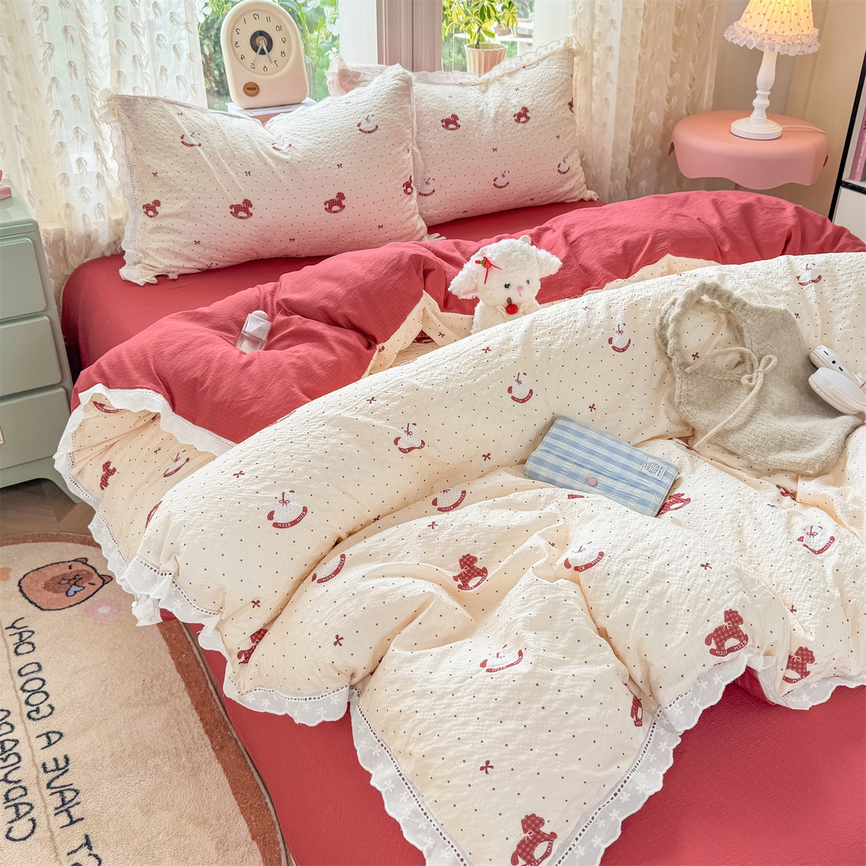 91家纺网 家纺一手货源 找家纺 优贝家纺 2026新款云感皱皱纱韩系花边四件套 马上有钱