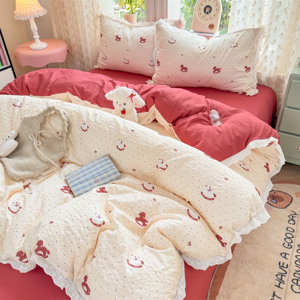 91家纺网 家纺一手货源 找家纺 优贝家纺 2026新款云感皱皱纱韩系花边四件套 马上有钱