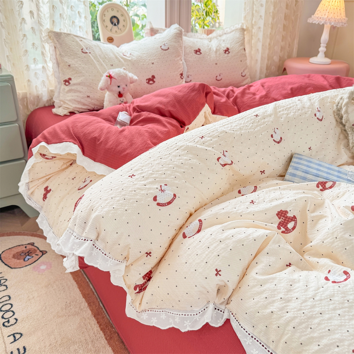 91家纺网 家纺一手货源 找家纺 优贝家纺 2026新款云感皱皱纱韩系花边四件套 马上有钱