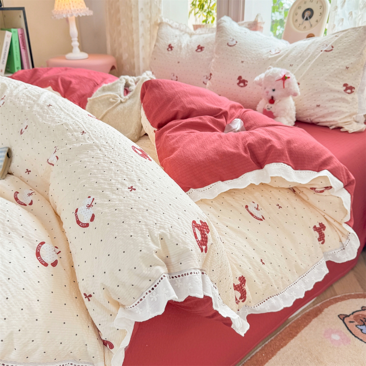 91家纺网 家纺一手货源 找家纺 优贝家纺 2026新款云感皱皱纱韩系花边四件套 马上有钱