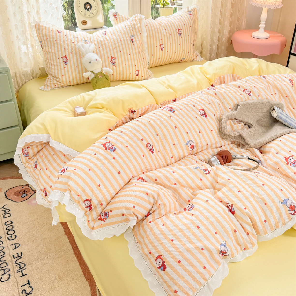 91家纺网 家纺一手货源 找家纺 优贝家纺 2026新款云感皱皱纱韩系花边四件套 魔法星星