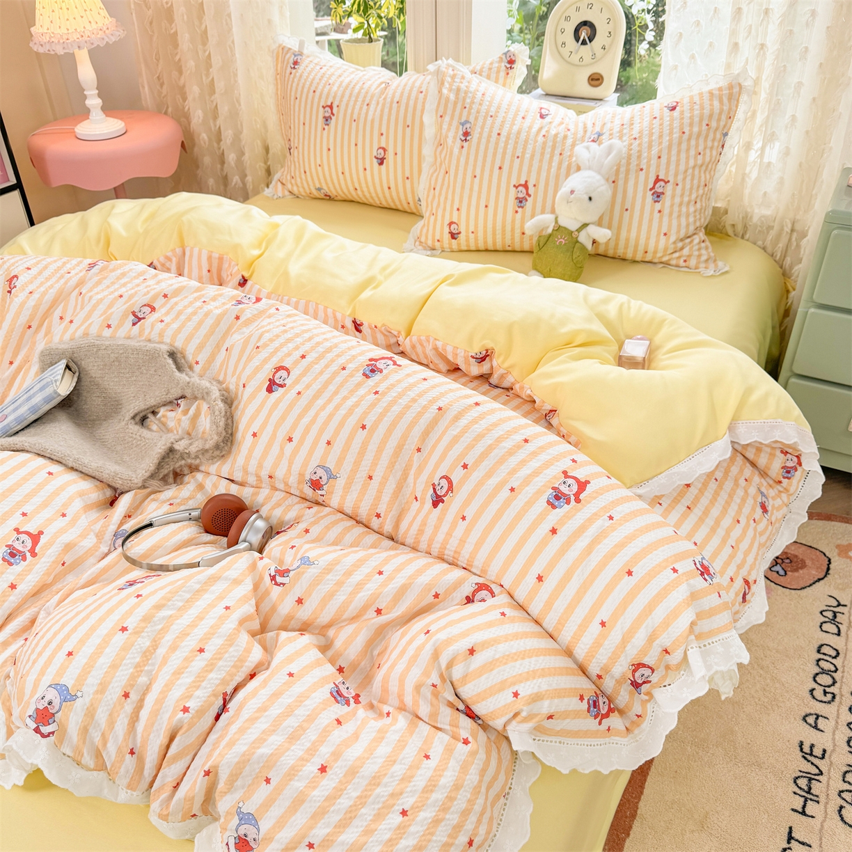 91家纺网 家纺一手货源 找家纺 优贝家纺 2026新款云感皱皱纱韩系花边四件套 魔法星星