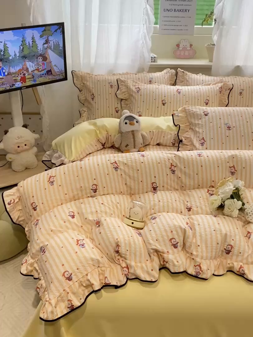 91家纺网 家纺一手货源 找家纺 优贝家纺 2026新款云感皱皱纱韩系花边四件套 魔法星星