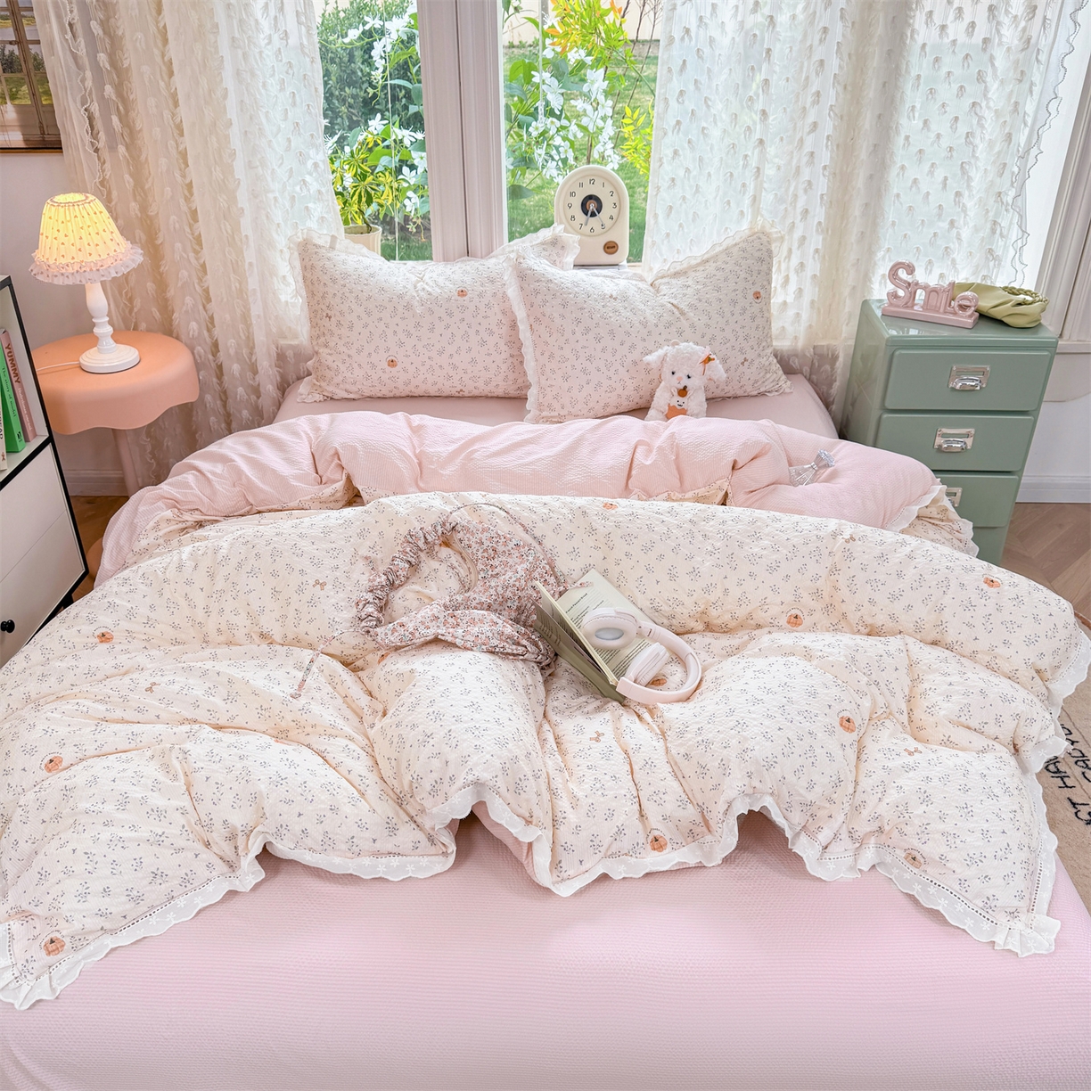 91家纺网 家纺一手货源 找家纺 优贝家纺 2026新款云感皱皱纱韩系花边四件套 柔诗意