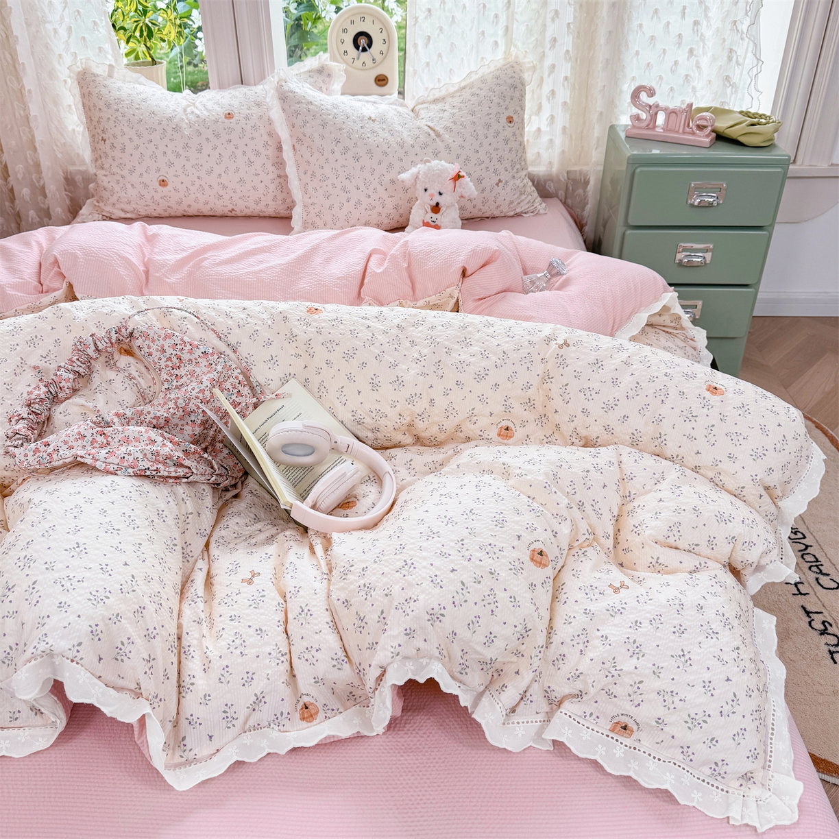 91家纺网 家纺一手货源 找家纺 优贝家纺 2026新款云感皱皱纱韩系花边四件套 柔诗意