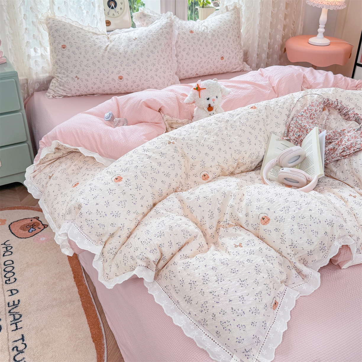 91家纺网 家纺一手货源 找家纺 优贝家纺 2026新款云感皱皱纱韩系花边四件套 柔诗意