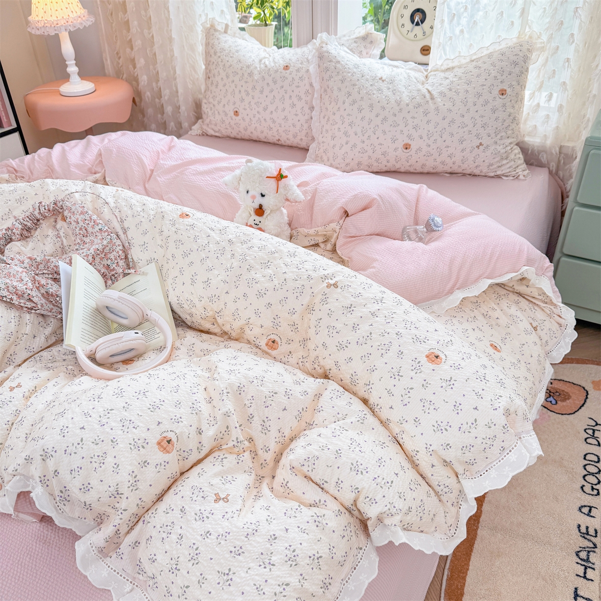 91家纺网 家纺一手货源 找家纺 优贝家纺 2026新款云感皱皱纱韩系花边四件套 柔诗意