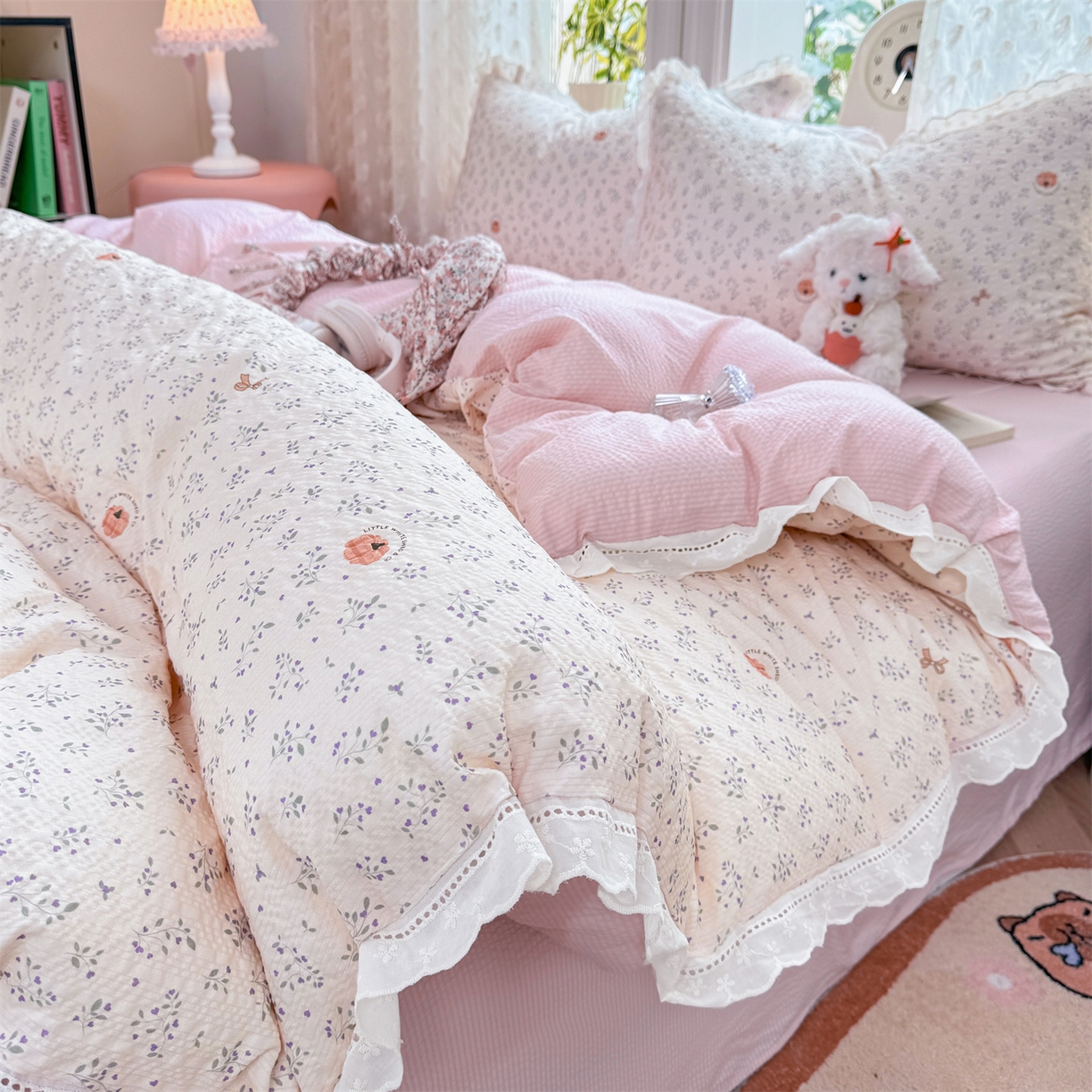 91家纺网 家纺一手货源 找家纺 优贝家纺 2026新款云感皱皱纱韩系花边四件套 柔诗意