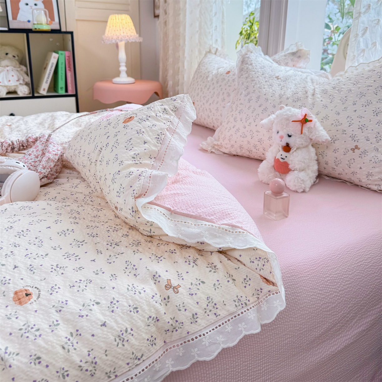 91家纺网 家纺一手货源 找家纺 优贝家纺 2026新款云感皱皱纱韩系花边四件套 柔诗意