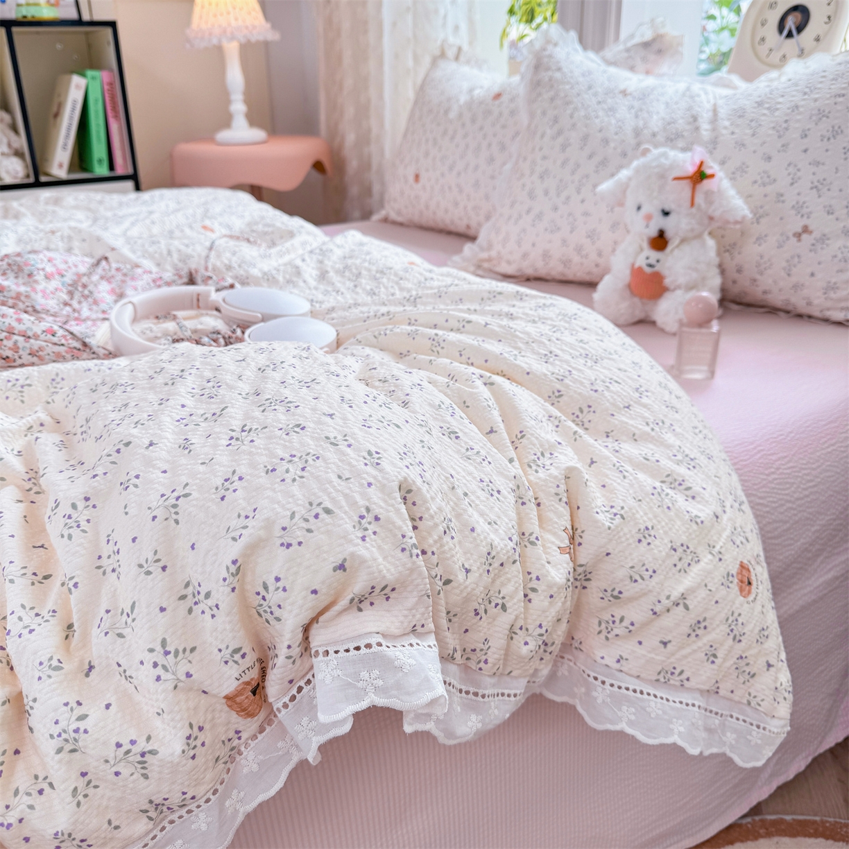 91家纺网 家纺一手货源 找家纺 优贝家纺 2026新款云感皱皱纱韩系花边四件套 柔诗意