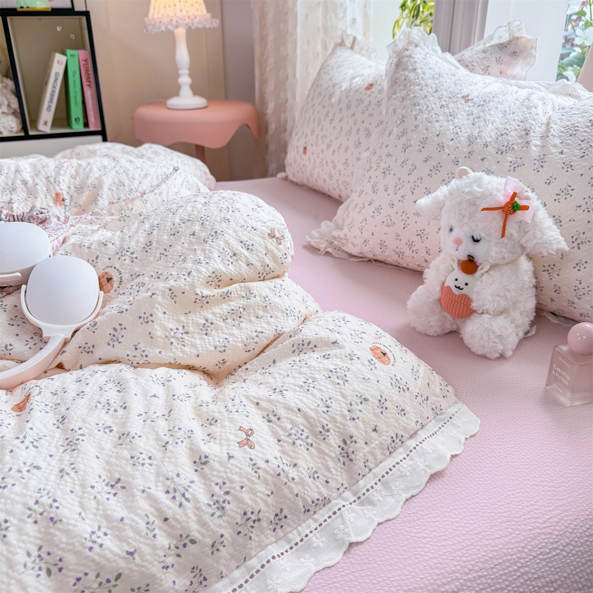 91家纺网 家纺一手货源 找家纺 优贝家纺 2026新款云感皱皱纱韩系花边四件套 柔诗意