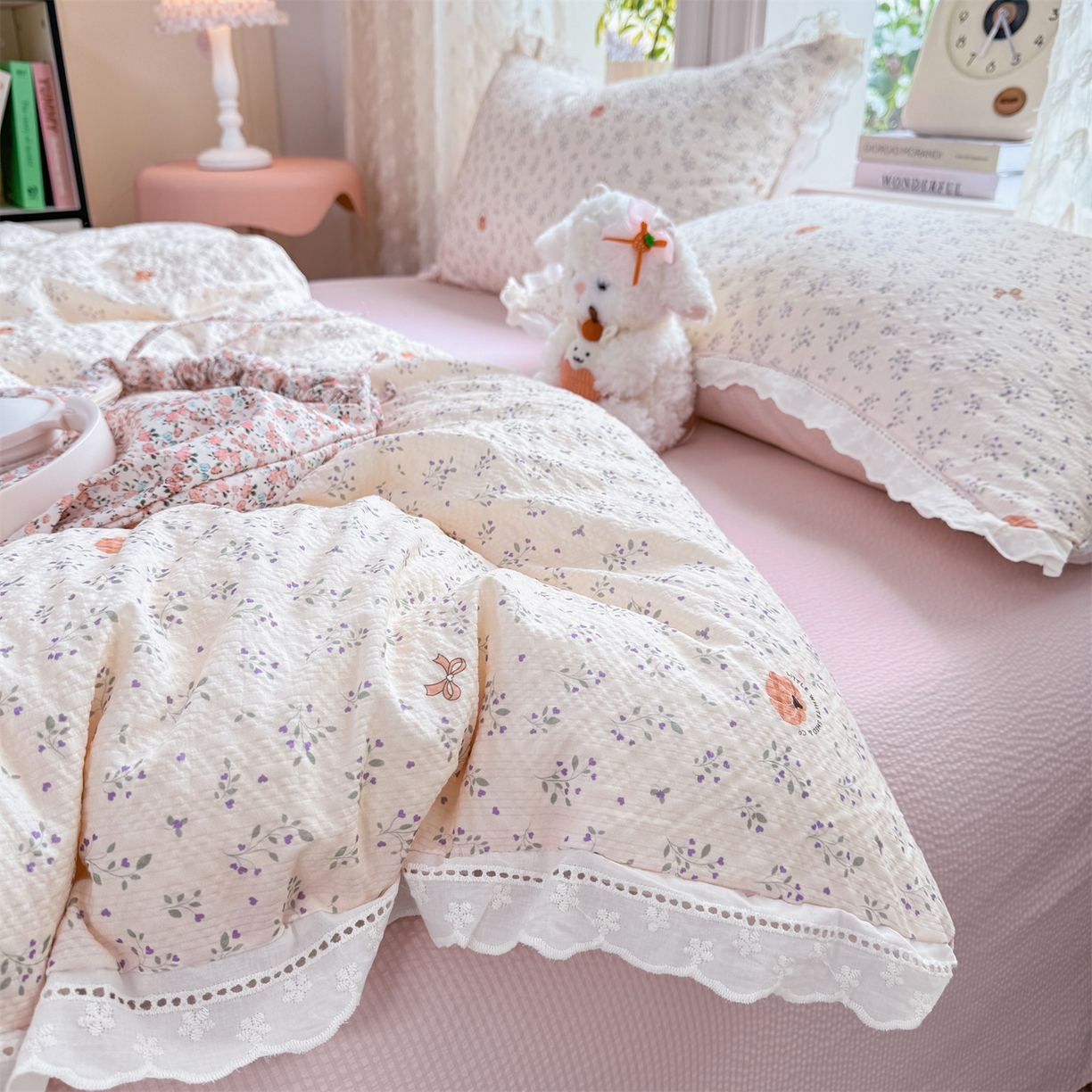 91家纺网 家纺一手货源 找家纺 优贝家纺 2026新款云感皱皱纱韩系花边四件套 柔诗意