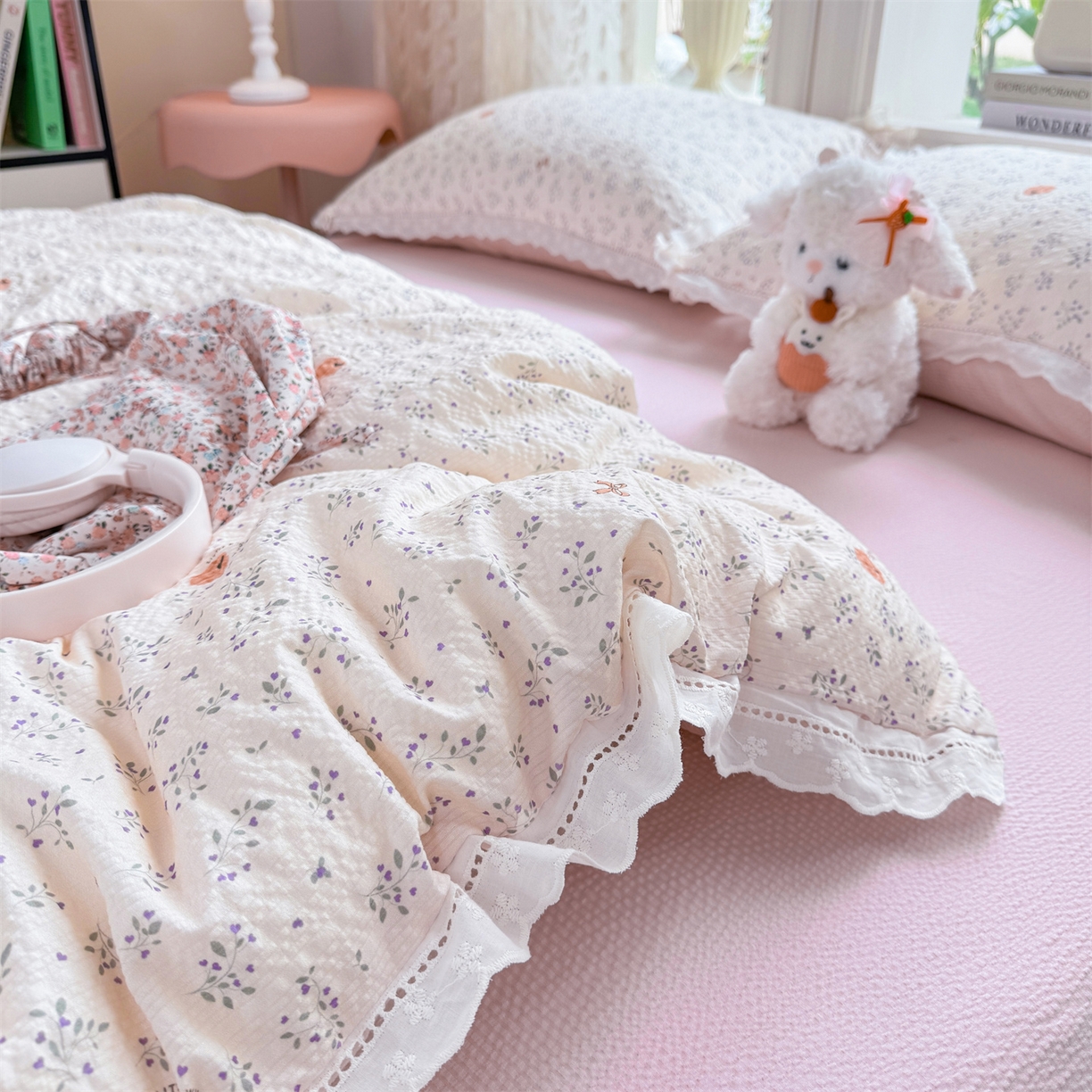 91家纺网 家纺一手货源 找家纺 优贝家纺 2026新款云感皱皱纱韩系花边四件套 柔诗意