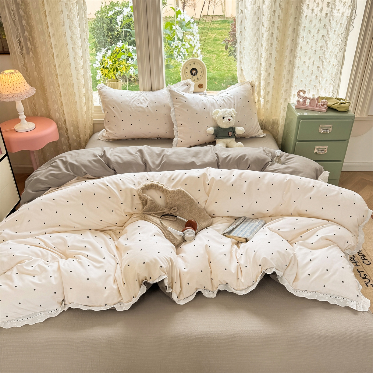 91家纺网 家纺一手货源 找家纺 优贝家纺 2026新款云感皱皱纱韩系花边四件套 甜美波点